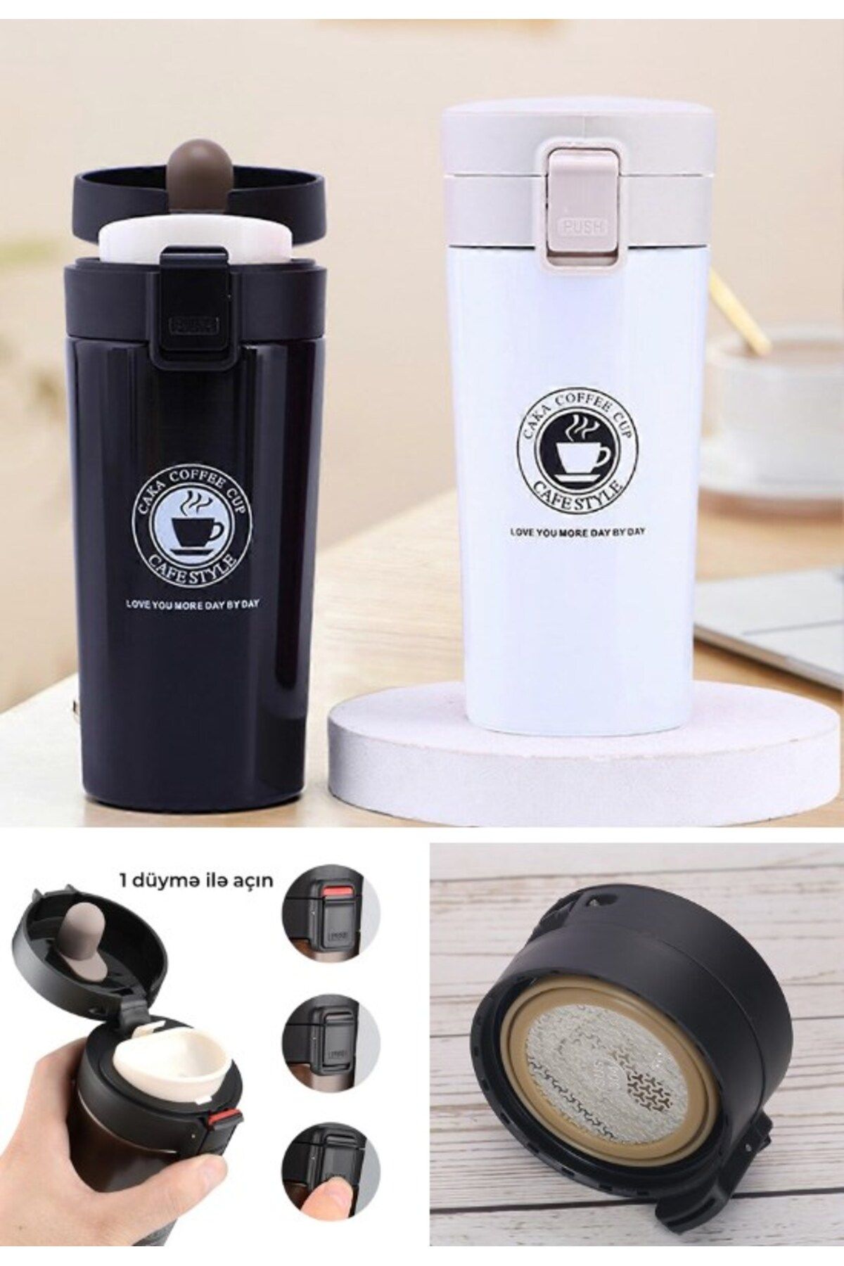 Deco Elit 2 Adet Siyah Beyaz İnox Mug Termos 12 Saate Kadar Sıcak Soğuk Tutma Filtreli Çift Katmanlı 380ml