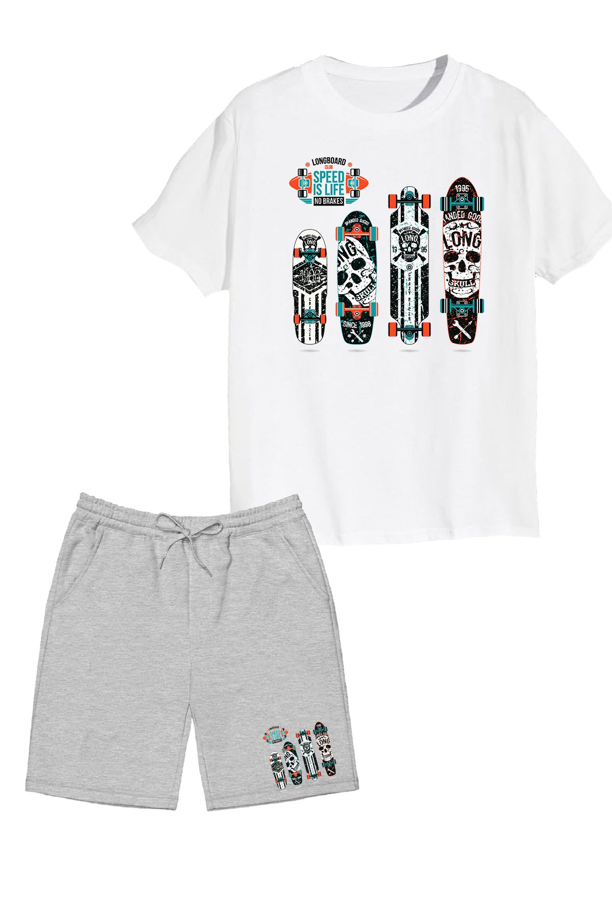 makiteks 2'li Set Baskılı Erkek Çocuk Pamuk Şort Tshirt Takım Skate 5 6 7 8 9 10 11 12 13 14 yaş Tişört