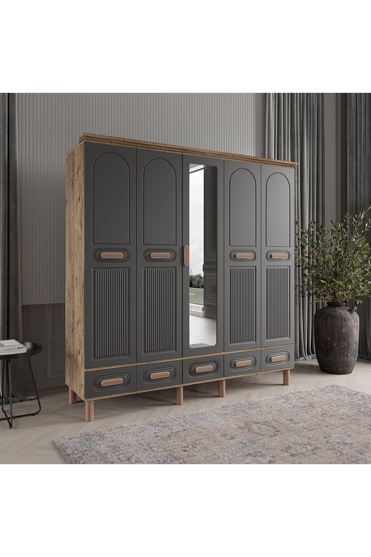 DRNHOME PERA 5 KAPAKLI ANTRASİT GARDIROP TAMAMI MDF