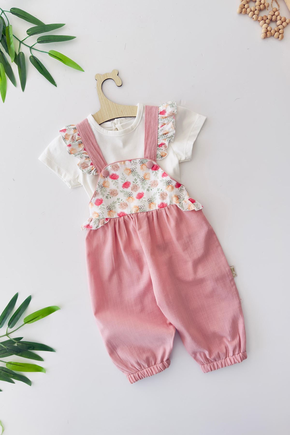 Minigimin Cicileri Miniğimin Cicileri Gül Desenli Fırfır Askılı Kız Bebek Şort Tulum 2 li Takım - Gül Kurusu