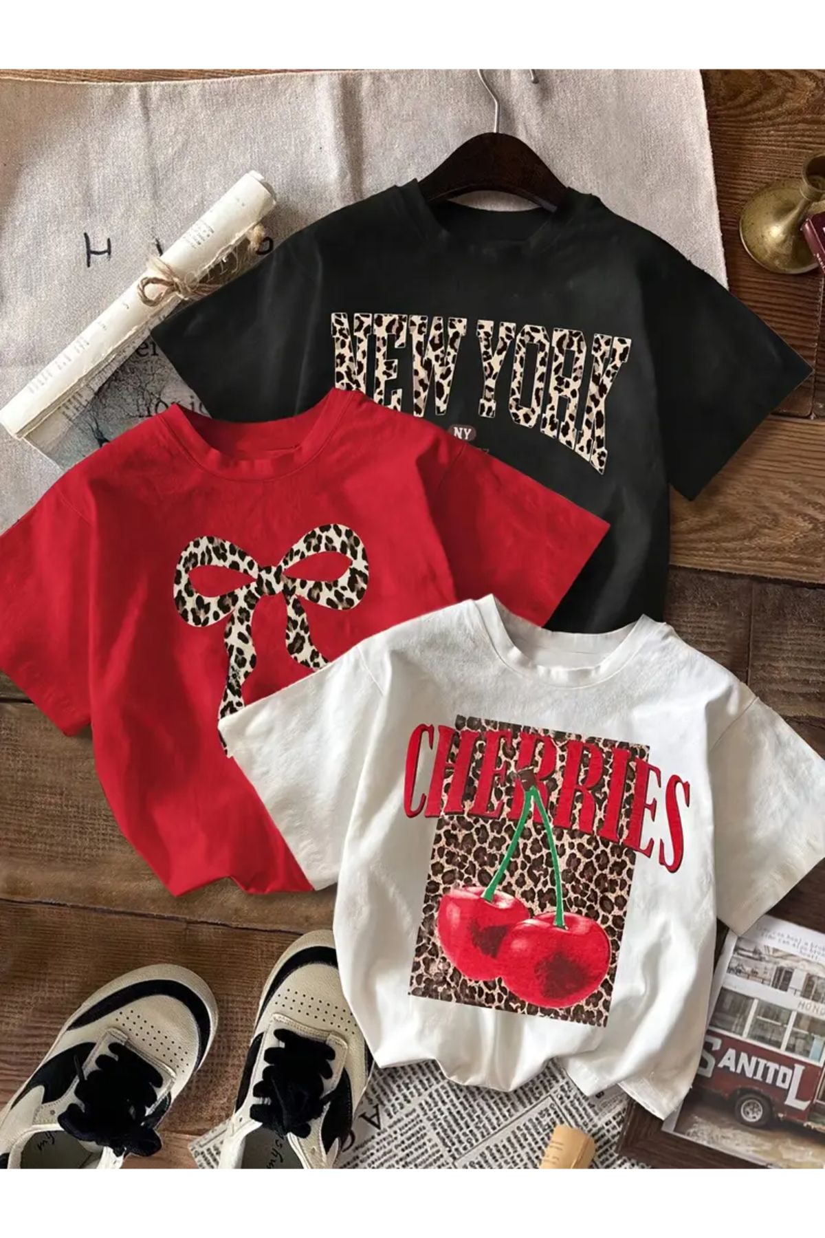 Keywest Kadın Leopar Kurdele Baskılı 3'lü Oversize T-shirt Seti
