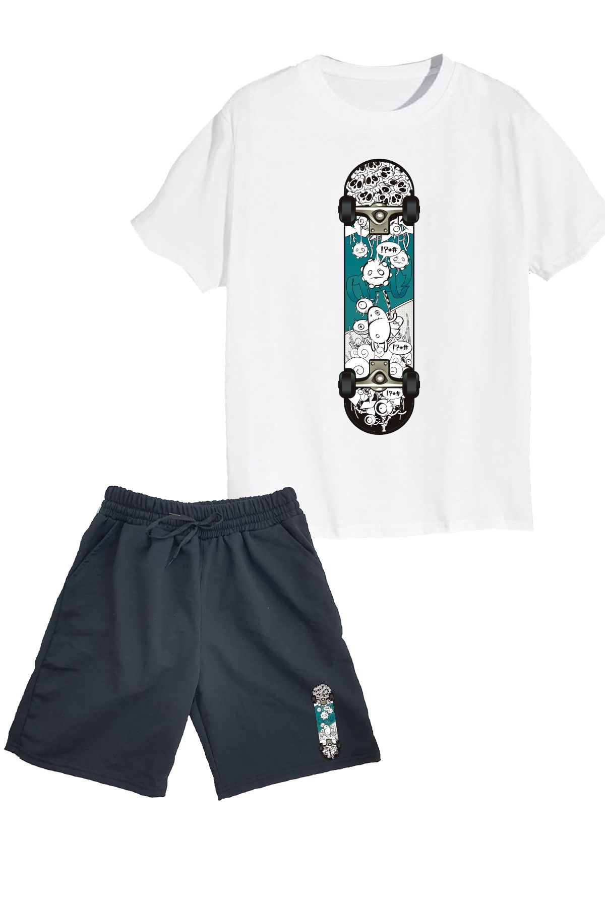 makiteks 2'li Set Baskılı Erkek Çocuk Pamuk Şort Tshirt Takım Skate 5 6 7 8 9 10 11 12 13 14 yaş Tişört