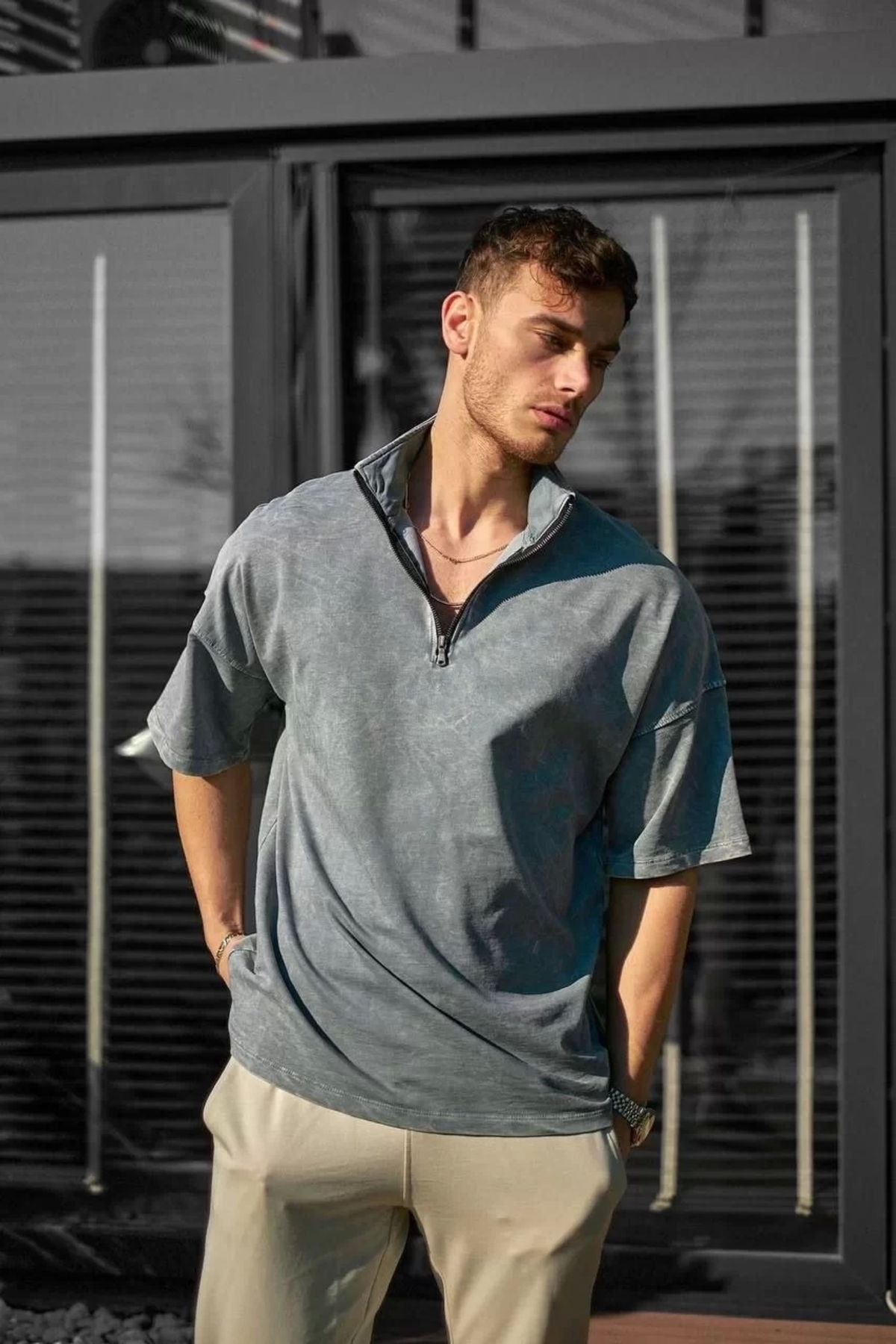 Robahood Unisex Yarım Fermuarlı Yıkamalı T-Shirt - Gri