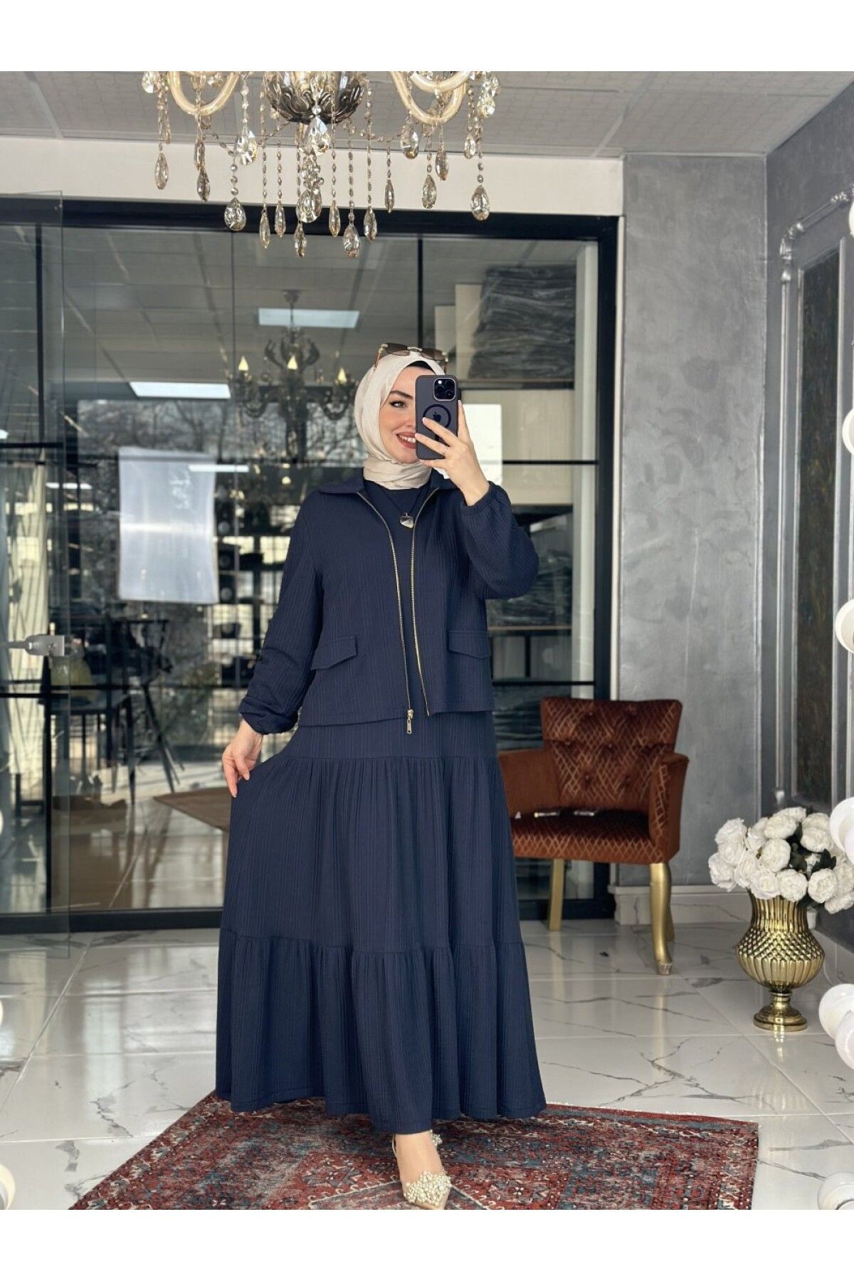 Zümra Tesettür Moda Atiye Elbise Ceket Takım Lacivert Lacivert Beden 3-48-50