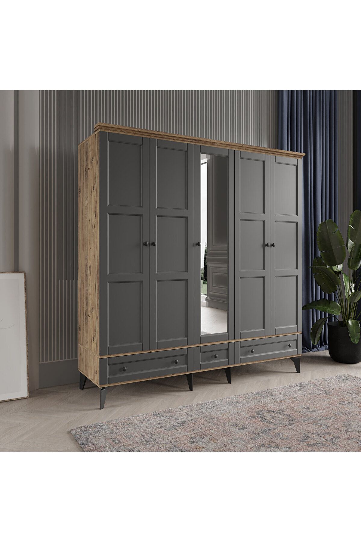 DRNHOME TOPRAK 5 KAPAKLI ANTRASİT GARDIROP TAMAMI MDF