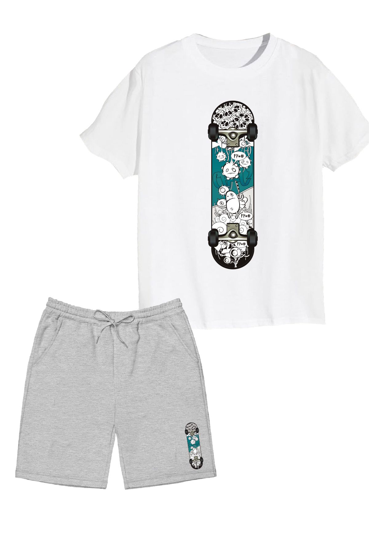 makiteks 2'li Set Baskılı Erkek Çocuk Pamuk Şort Tshirt Takım Skate 5 6 7 8 9 10 11 12 13 14 yaş Tişört