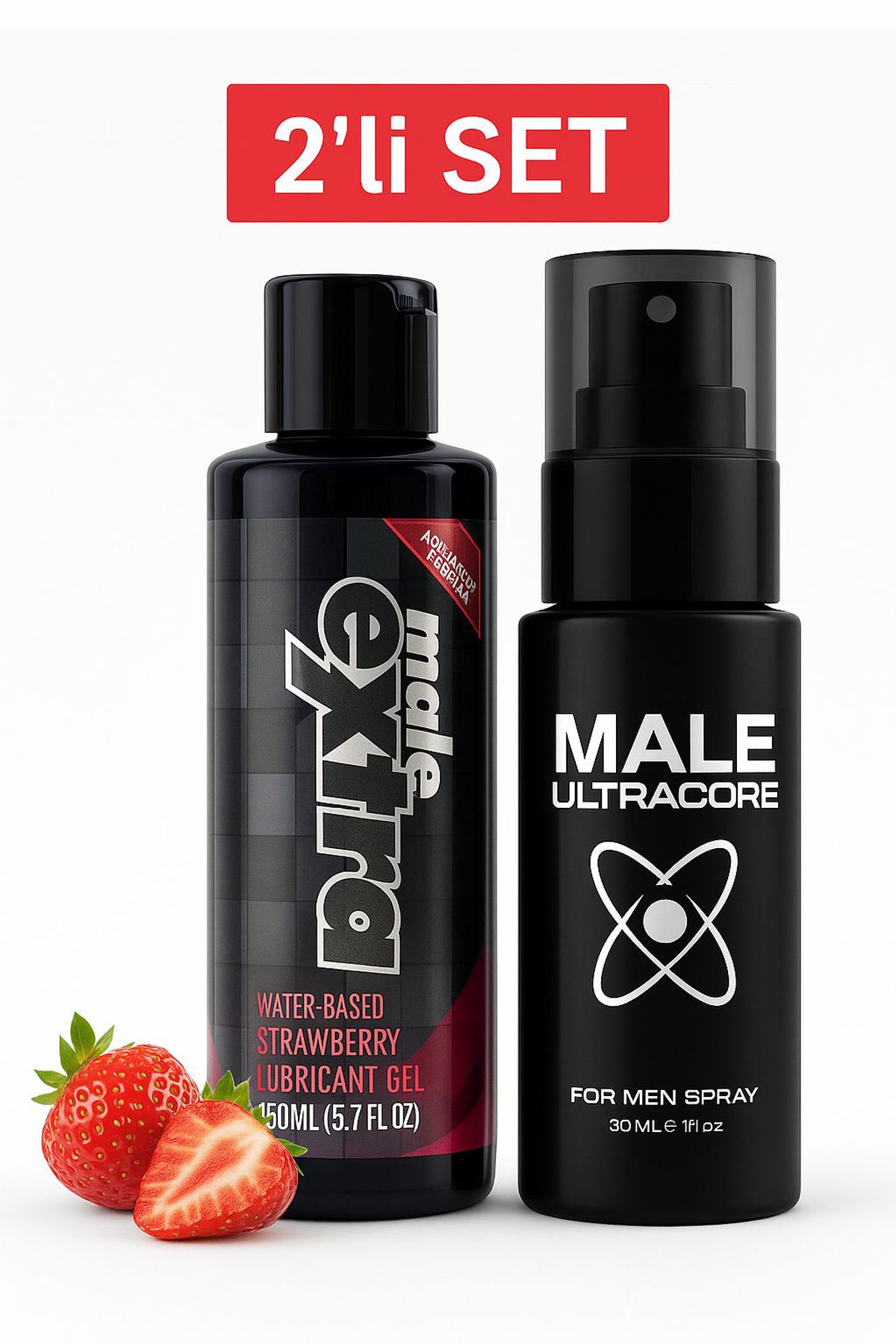Male Ultracore 2'li Set Erkekler Için Uzun Süren Deneyim Extra Sprey - Doğal Jel Çilek Aromalı Kayganlaştırıcı Jel