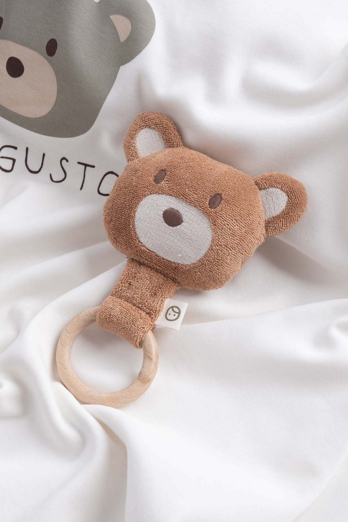 Little Gusto Ahşap Saplı Diş Kaşıyıcı ve Kahve Çıngırak Ayıcık