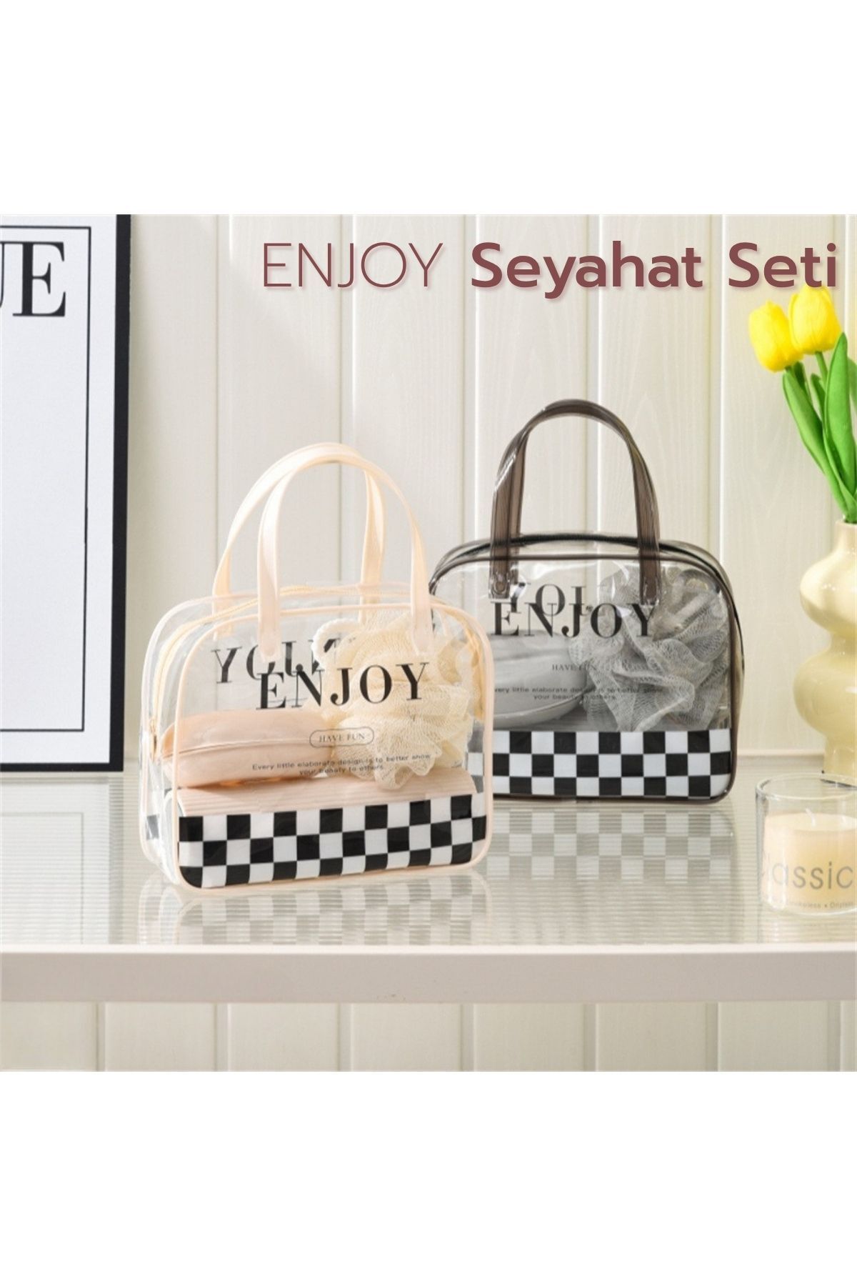 ARVALE Enjoy Seyahat Banyo Seti Çantası | Duş Lifi, Tarak, Sabunluk ve Makyaj Kutusu İçin Organizer