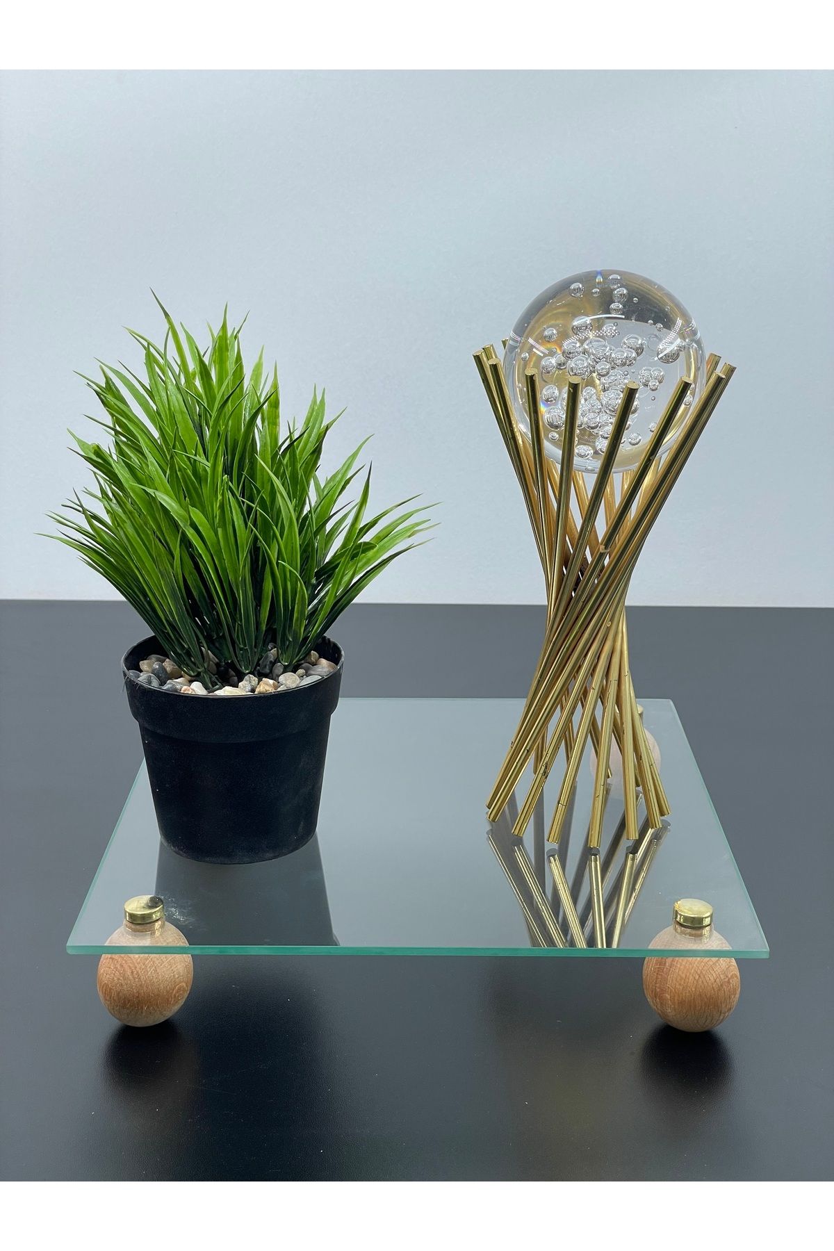 YzHome Ahşap Top Ayaklı KARE Şeffaf Pleksi Sunumluk Servis Düzenleyici 25*25cm