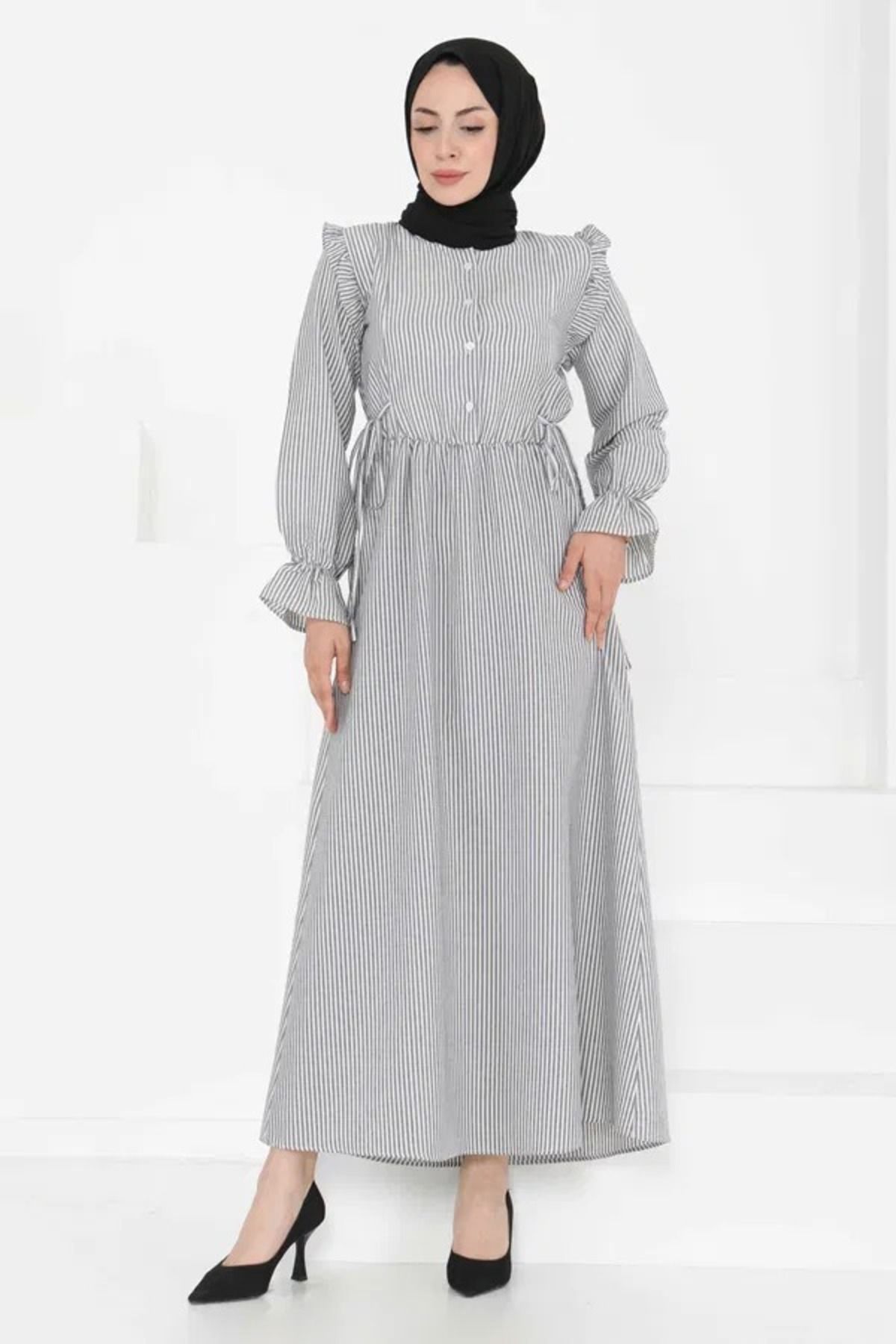 Aşkın fashion gofre çizgili bağcıklı omuzları fırfır detay uzun elbise