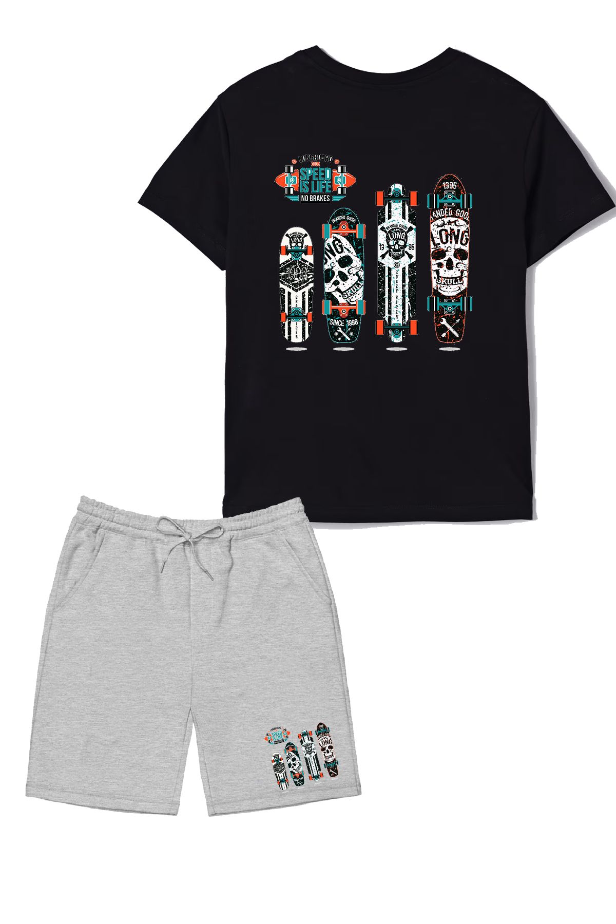 makiteks 2'li Set Baskılı Erkek Çocuk Pamuk Şort Tshirt Takım Skate 5 6 7 8 9 10 11 12 13 14 yaş Tişört