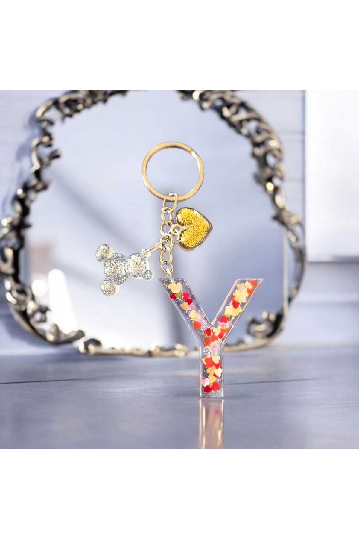 EpoksArt Design Harf Şeffaf Anahtarlık,Charmlı Simli Epoksi Anahtarlık,Gümüş Ayıcık Figürlü,Gold Kalp Figürlü