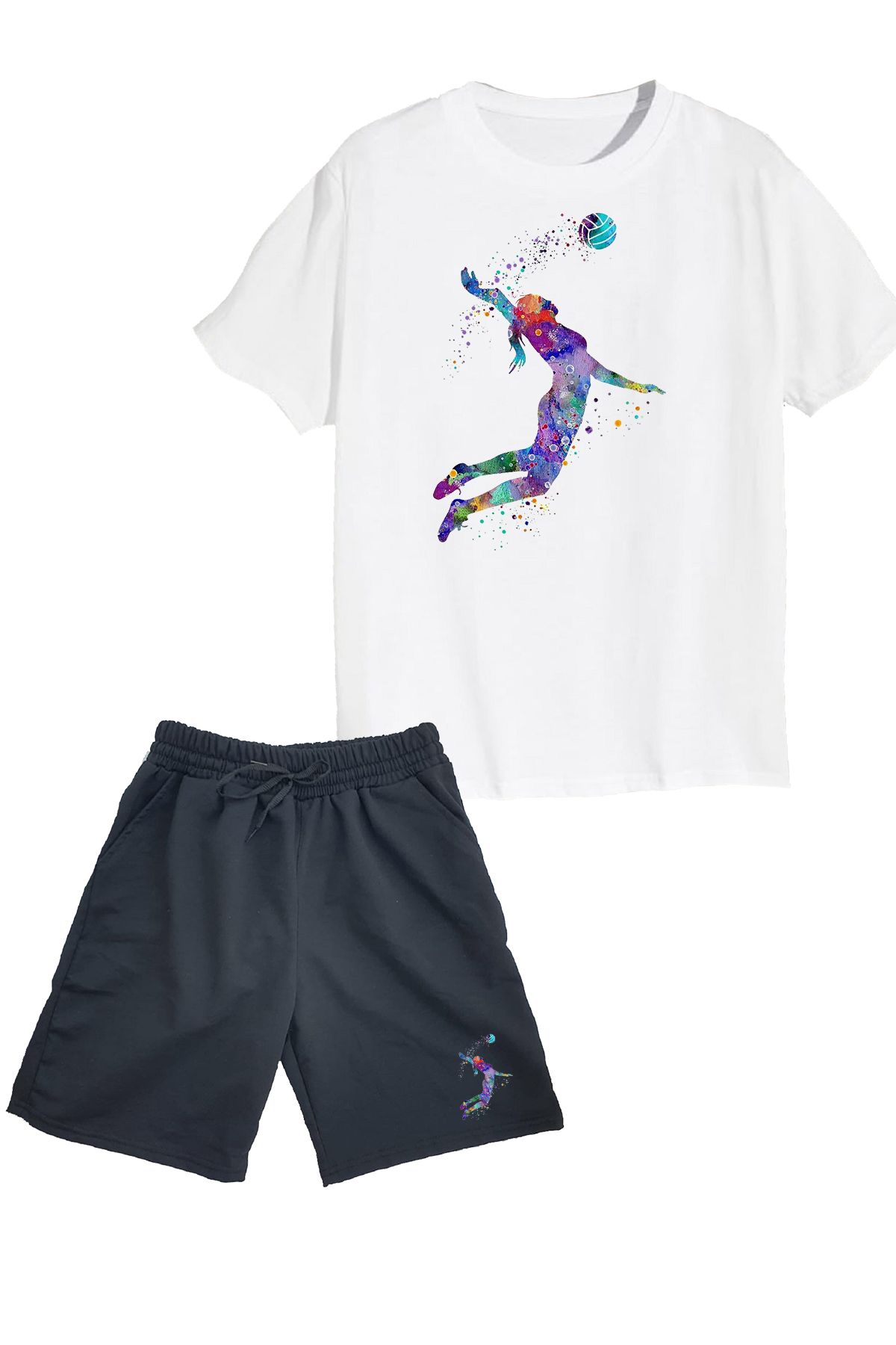 makiteks 2'li Set Baskılı Kız Çocuk Pamuk Şort Tshirt Takım Voleybol 5 6 7 8 9 10 11 12 13 14 yaş Tişört