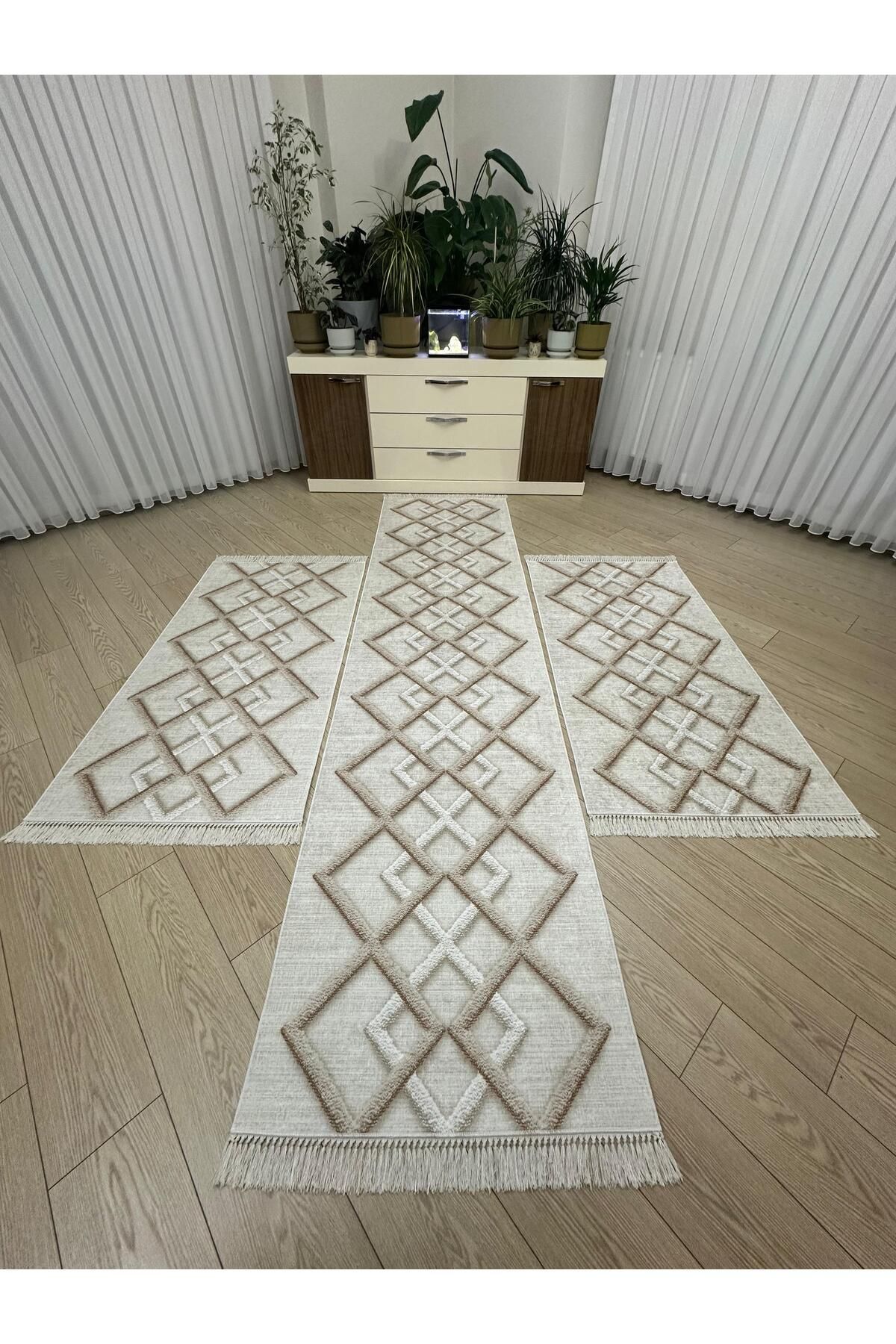 MODKLAS Kaymaz Taban 3 'lü Yatak Odası Halı Takımı 2 Adet 80x150 cm 1 Adet 80x300 cm