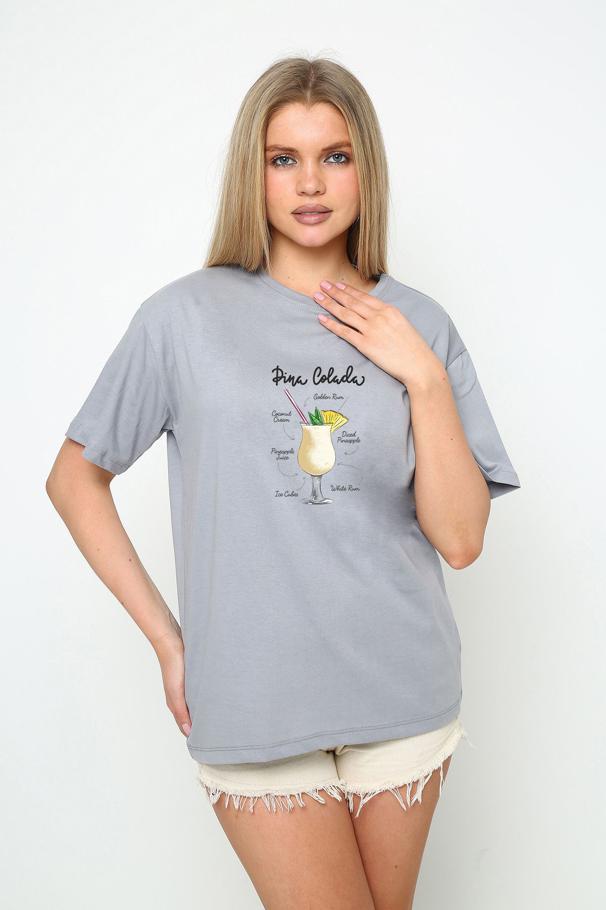 vikitekno oversize kokteyl bardağı baskılı kadın t-shirt