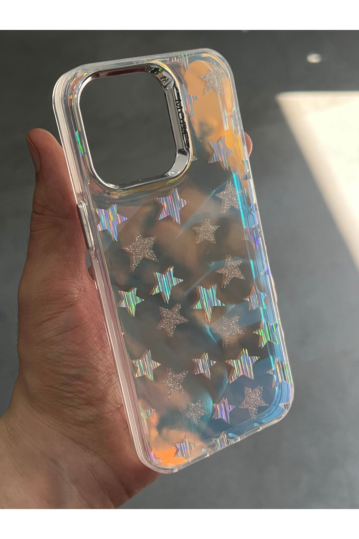 EDELFU iPhone 14 Pro Max Hologramlı Desenli Şeffaf Kapak Gümüş Çerçeveli Koruyucu Telefon Kılıfı