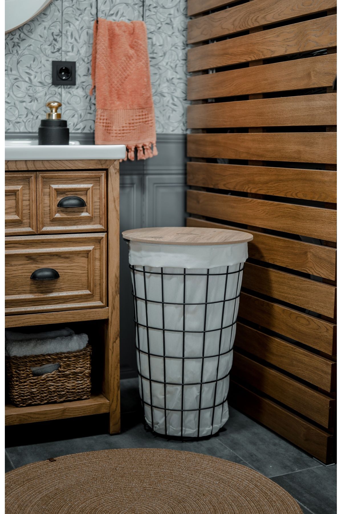 UYAN HOME COLLECTION Metal Tel Kirli Sepeti Dekoratif Amaçlı Çamaşır Sepeti Banyo Düzenleyici