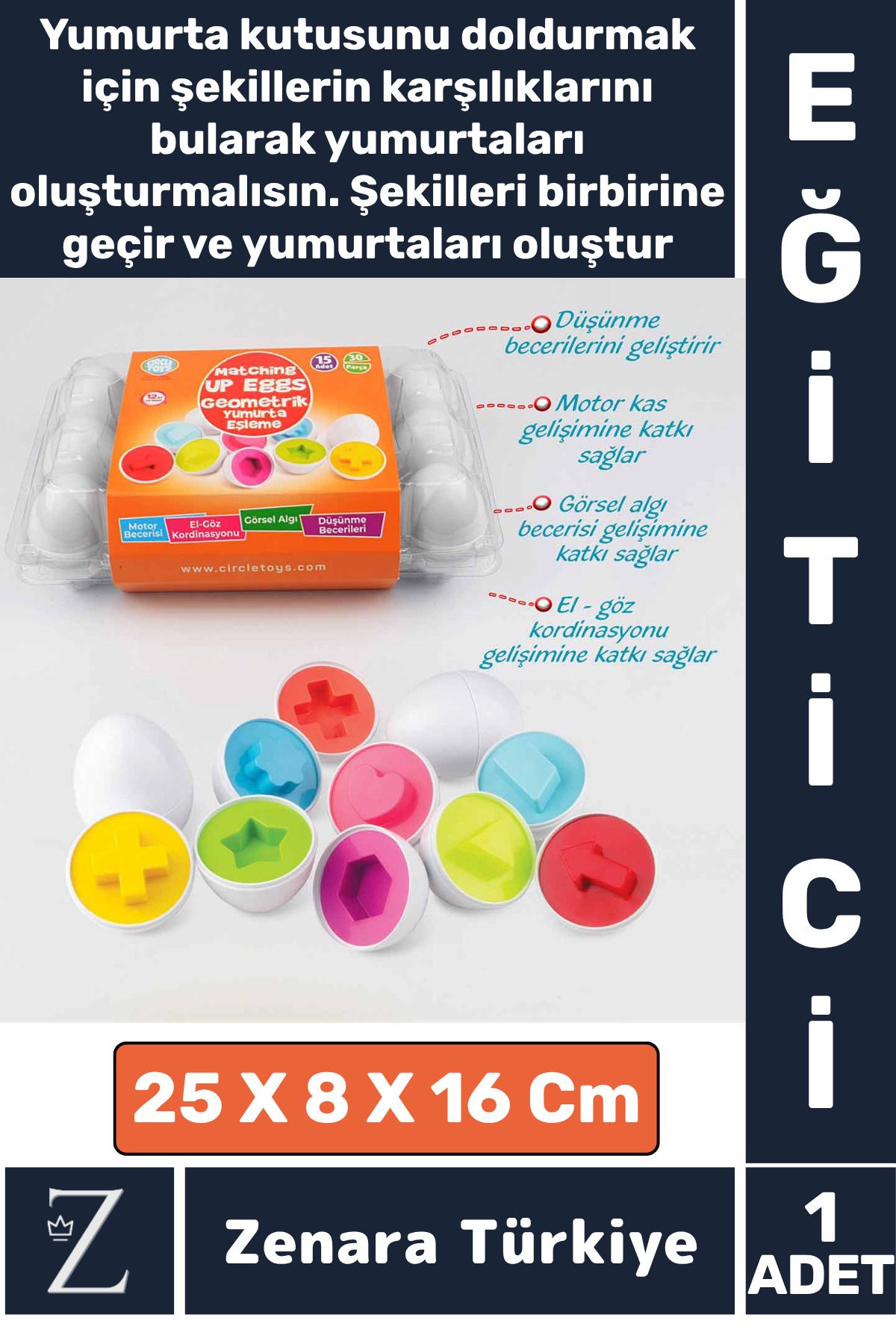 Zenara Çocuk Eğitici Düşünme Görsel Algı Eşleştirme Becerisi Geometrik Şekiller YUMURTA EŞLEME Oyunu 15'li