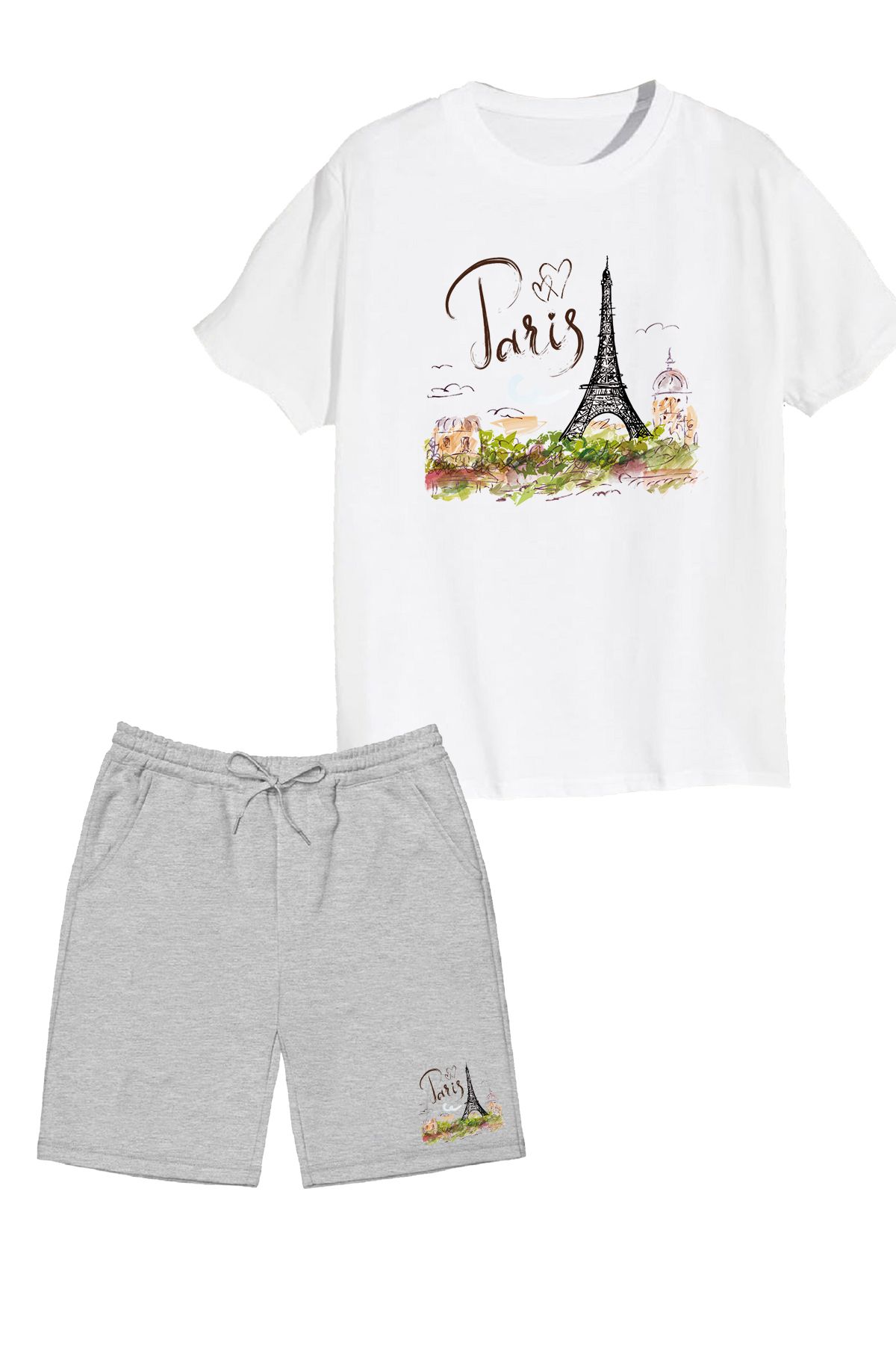 makiteks 2'li Set Baskılı Kız Çocuk Pamuk Şort Tshirt Takım Eiffel Paris 5 6 7 8 9 10 11 12 13 14 yaş Tişört
