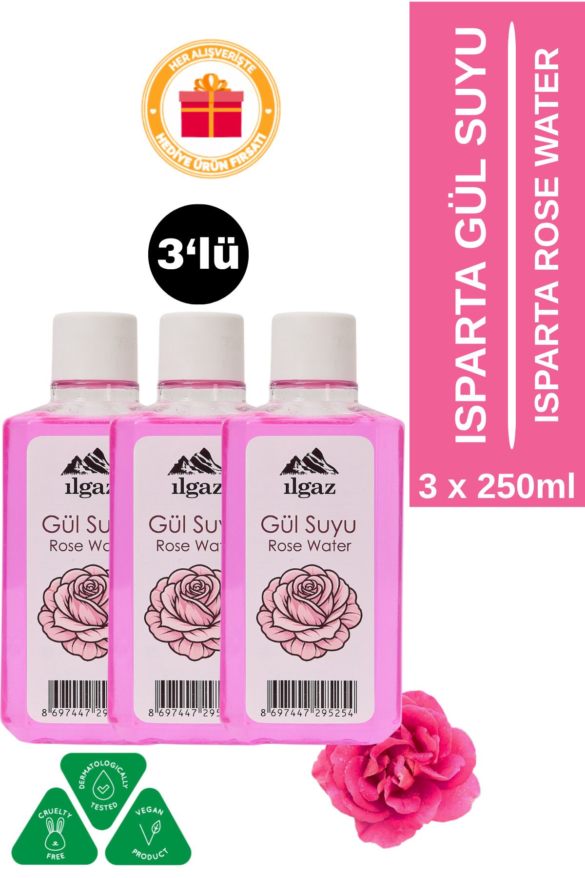ILGAZ Doğal Gül Suyu 3'lü Eko Paket | Tonik Etkili, Ferahlatıcı ve Canlandırıcı Bakım Çanta Boy - 3X250 ml