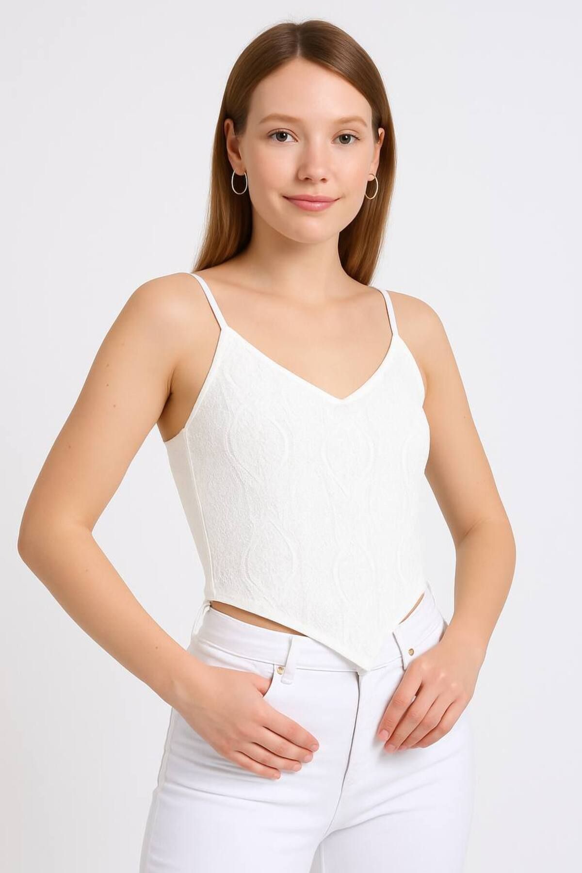 Baya Butik Dantelli Askılı Crop Bluz