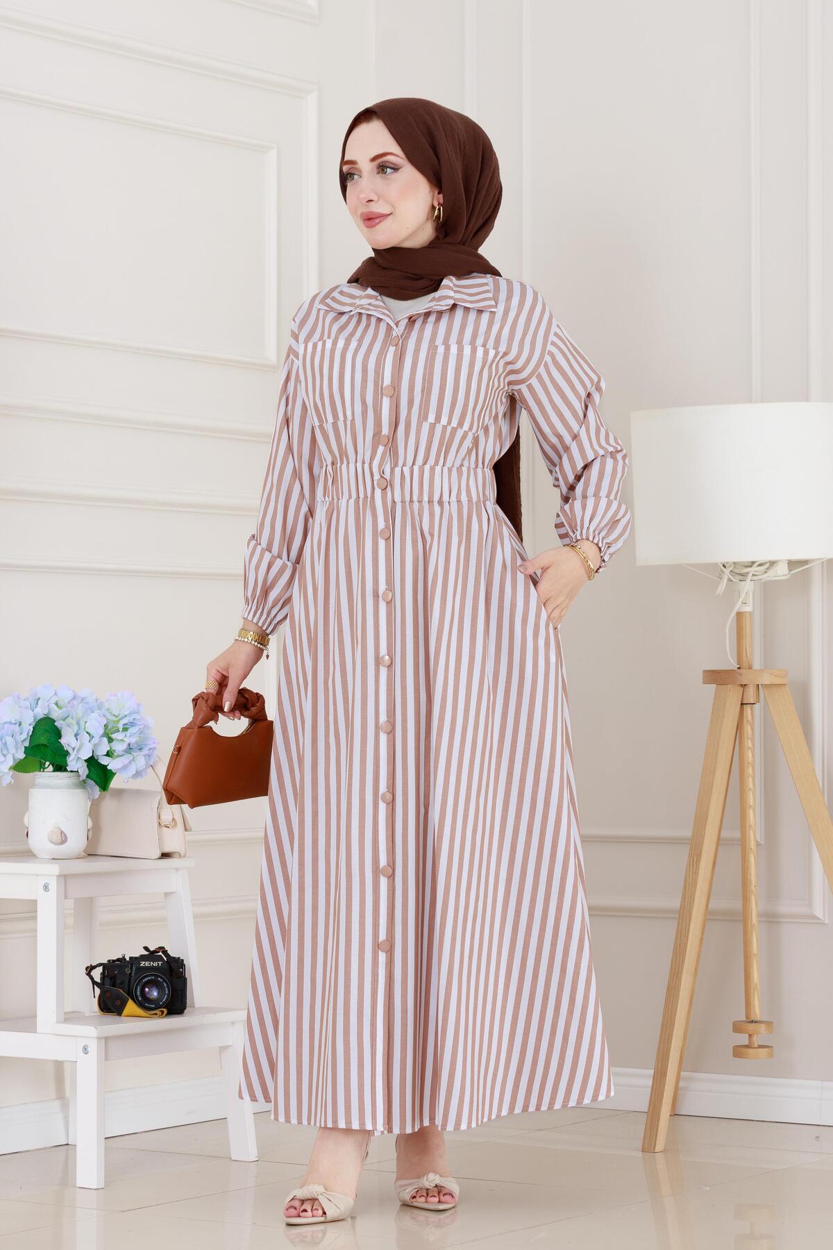 Sevitli Striped Pocketed Modest Dress - Taupe