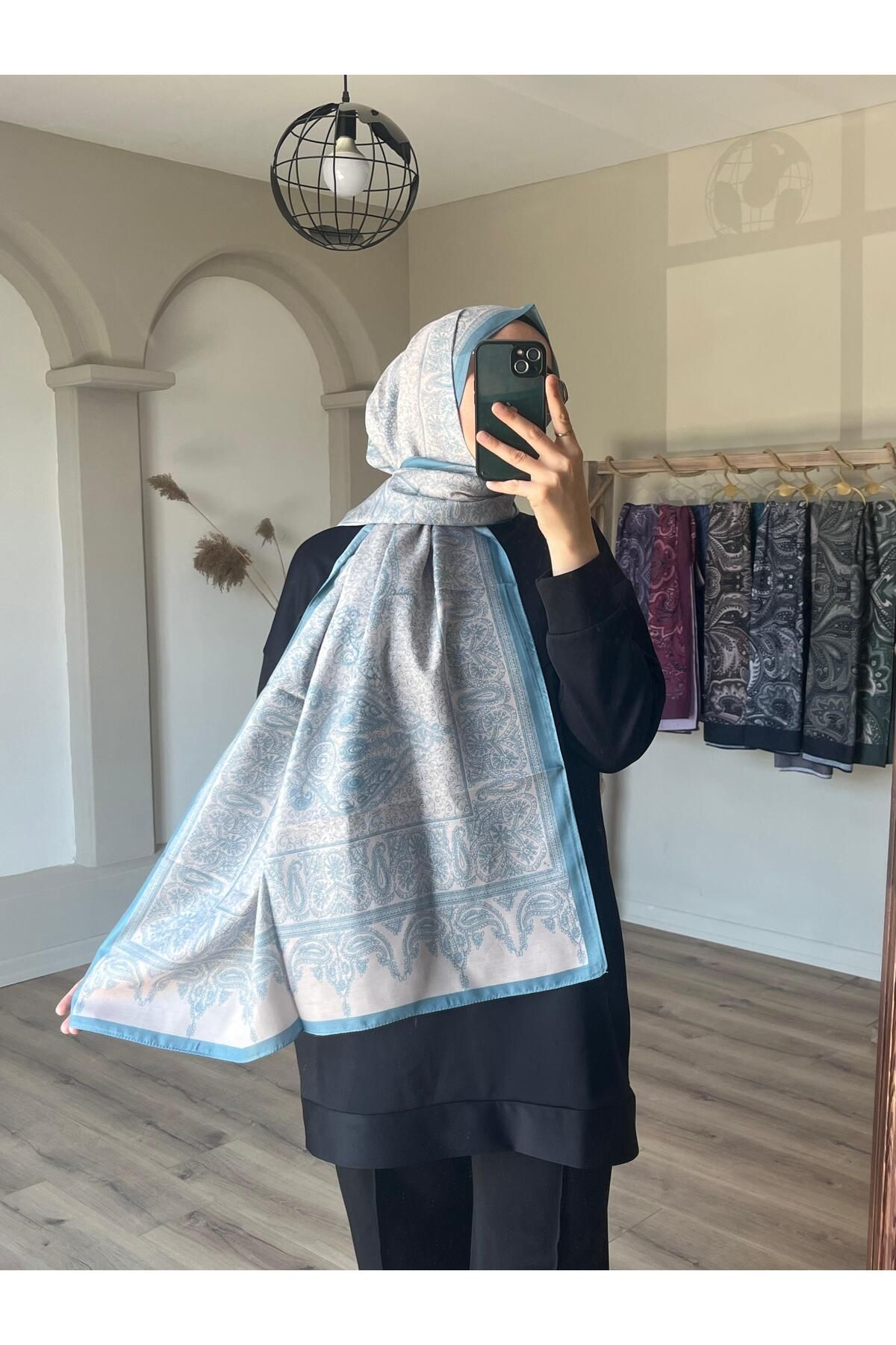 Merwiss Desenli Aronya Soft Mavi-Bej Şal