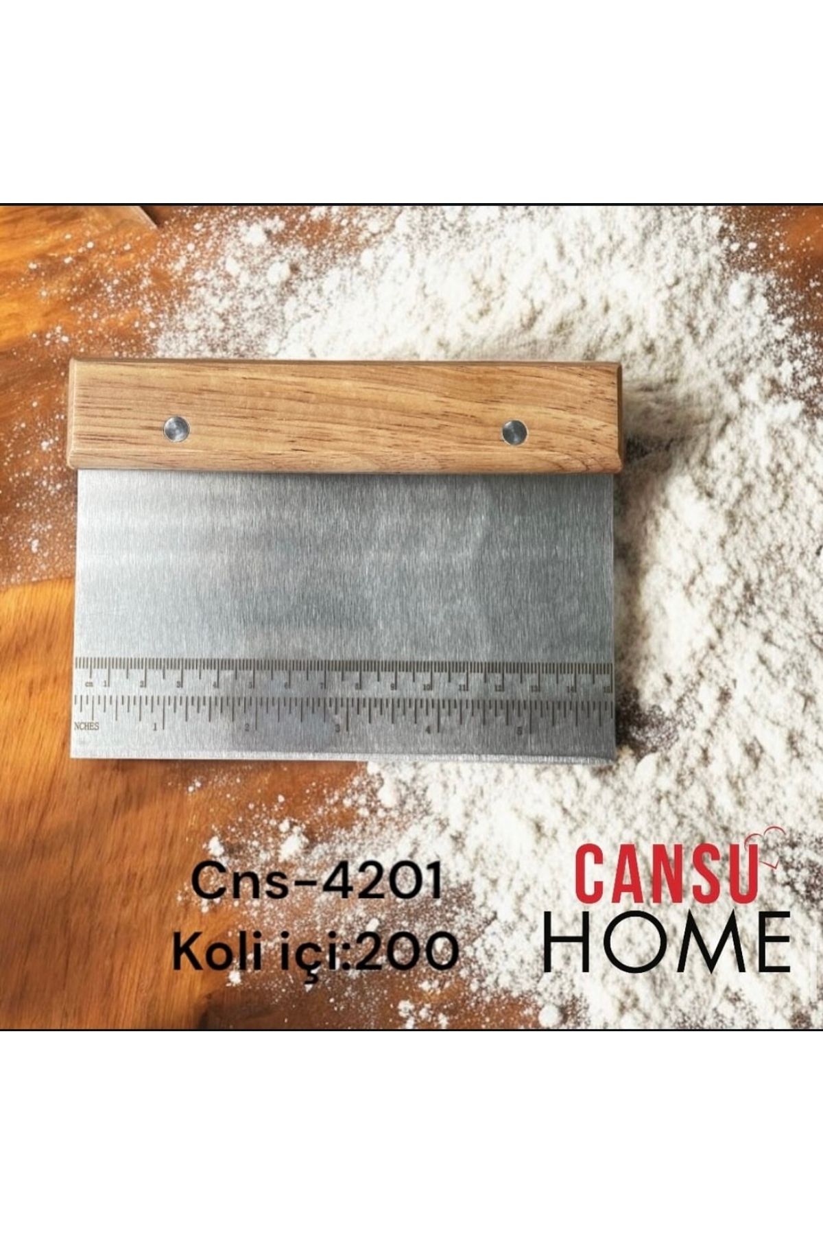 CANSU HOME Paslanmaz Çelik Hamur Kazıyıcı – Ahşap Saplı, Ölçü Cetvelli