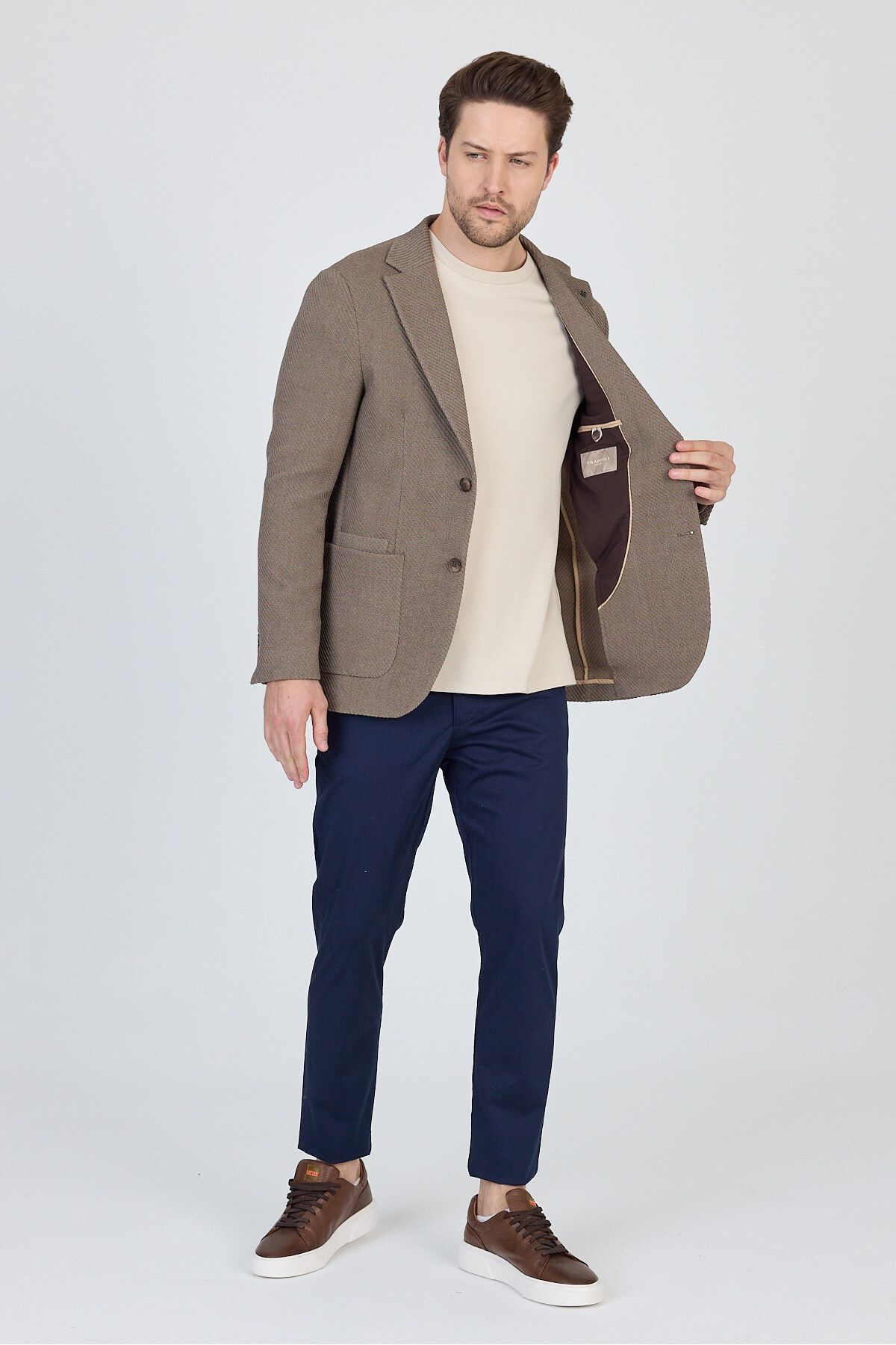 Frappoli-Sandeo Men's Dark Mink Unlined Soft Diagonal Patterned Stretch Fabric Lycra Sports Blazer Jacket 6