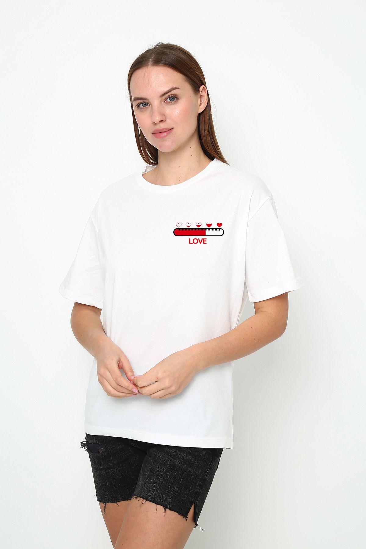 vikitekno oversize love baskılı kadın t-shirt