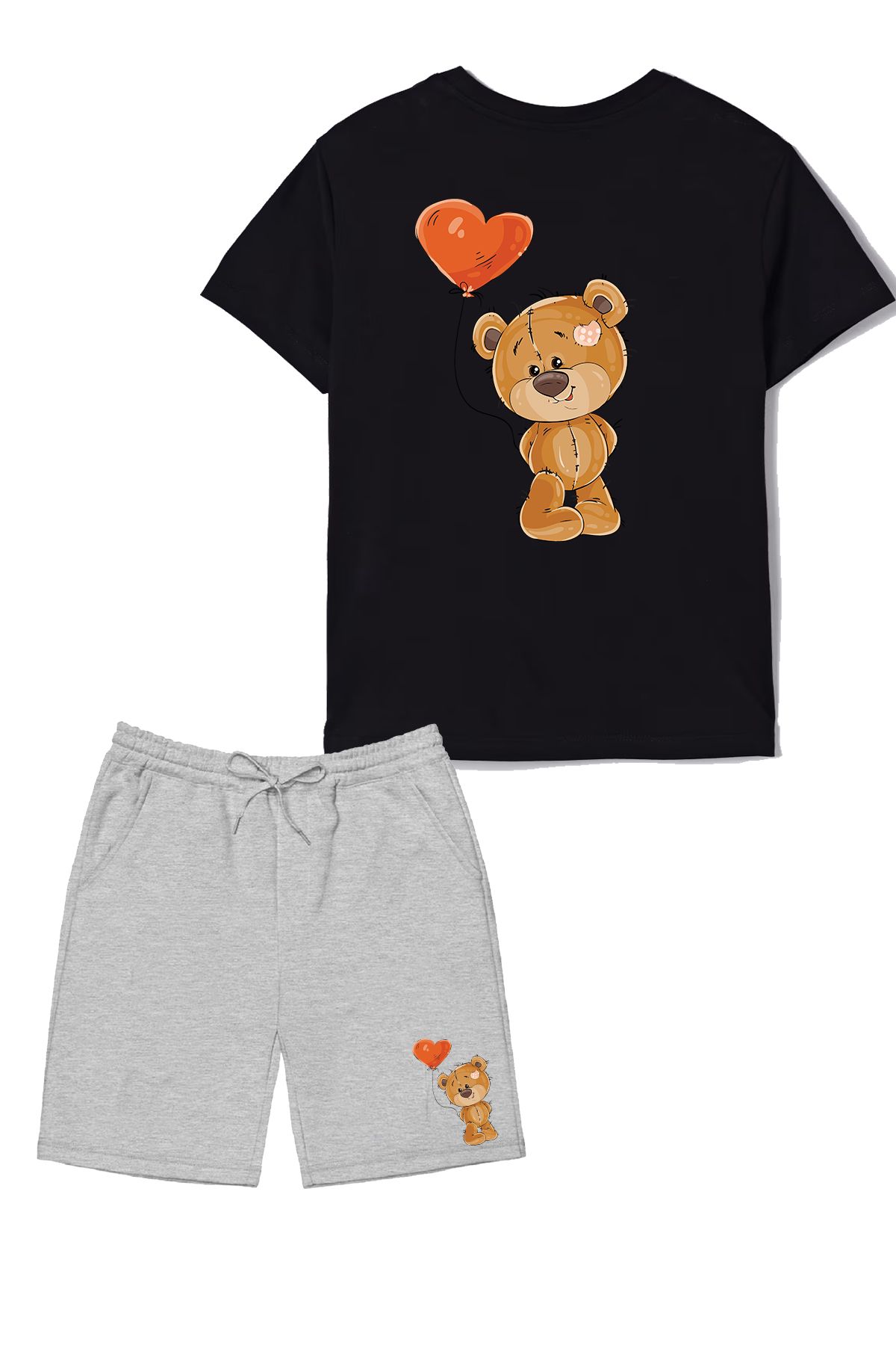 makiteks 2'li Set Baskılı Kız Çocuk Pamuk Şort Tshirt Takım Teddybear 5 6 7 8 9 10 11 12 13 14 yaş Tişört
