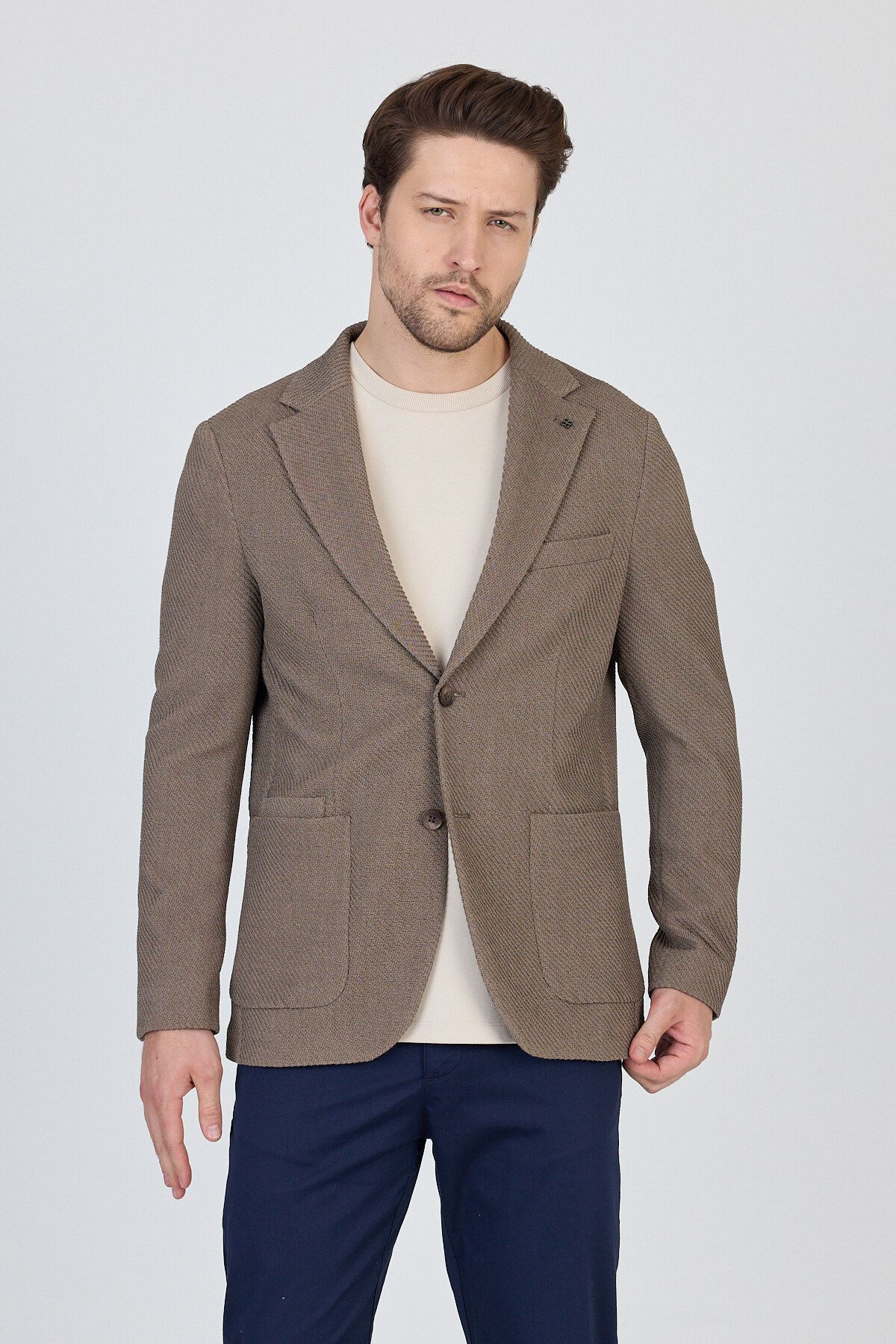 Frappoli-Sandeo Men's Dark Mink Unlined Soft Diagonal Patterned Stretch Fabric Lycra Sports Blazer Jacket 4