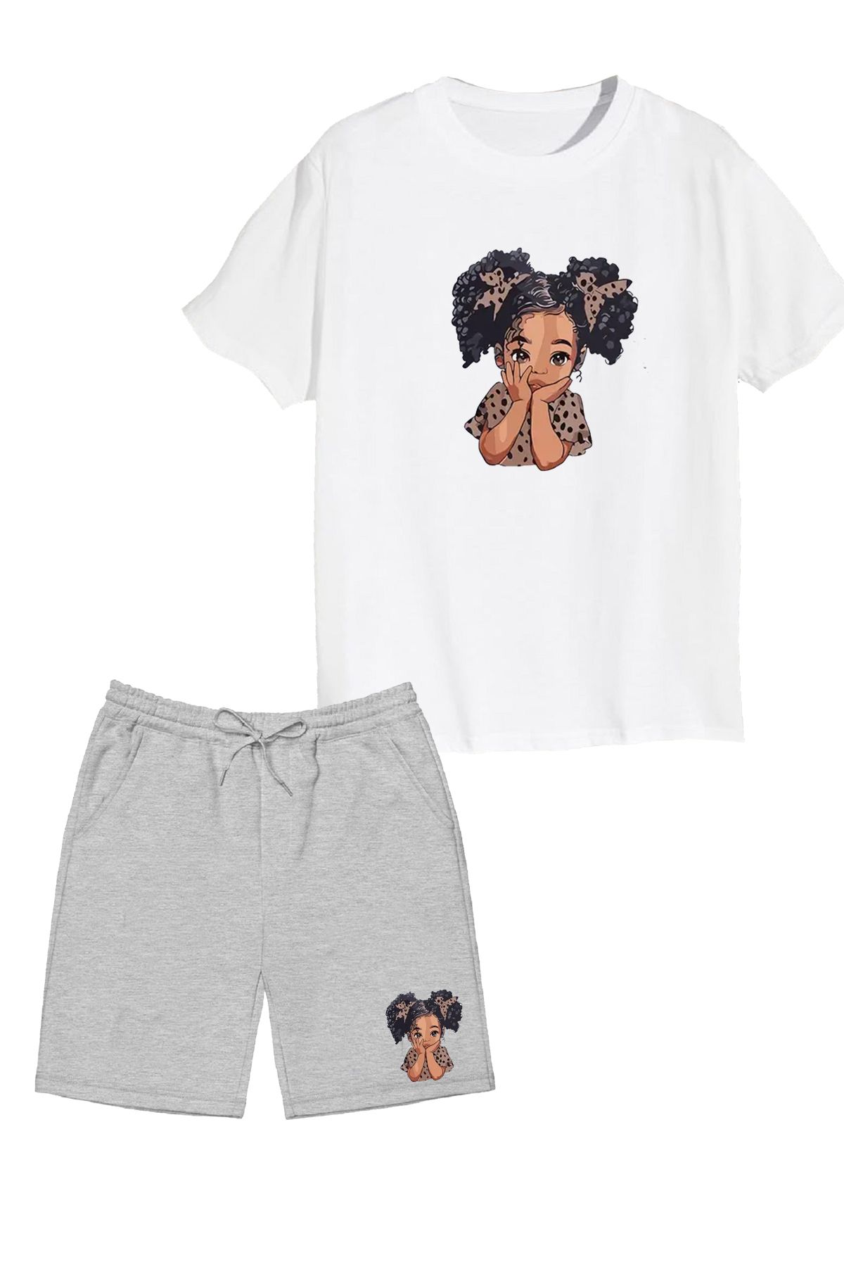 makiteks 2'li Set Baskılı Kız Çocuk Pamuk Şort Tshirt Takım Girl 5 6 7 8 9 10 11 12 13 14 yaş Tişört