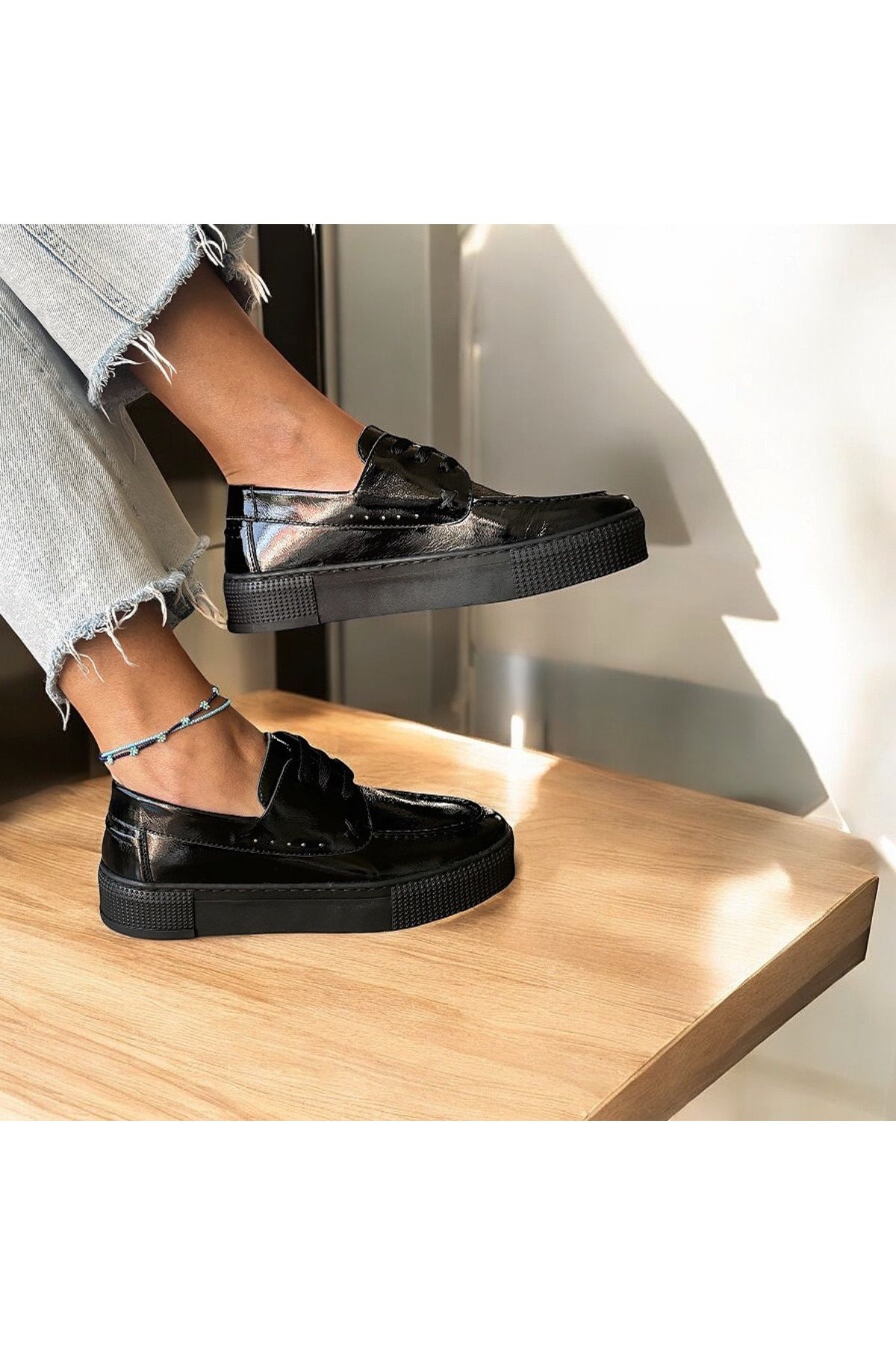 NEVE SHOES Siyah Kırışık Rugan Hakiki Deri Kadın Günlük Rahat Bağcıklı Ayakkabı