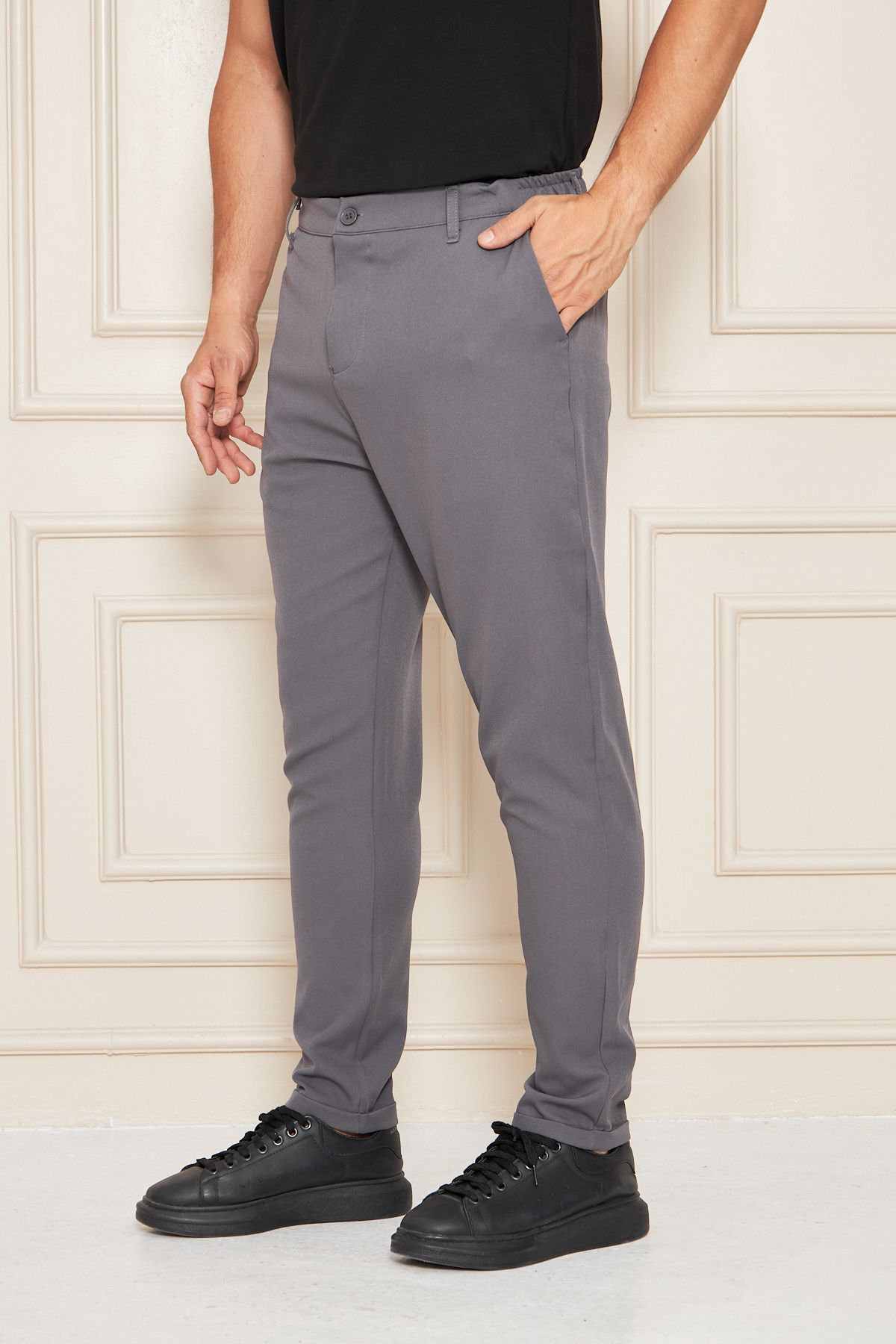 masso moda Erkek Bel Yarım Lastikli Kemerli Double Paça Dabıl Face Kumaş Slim Fit Pantolon