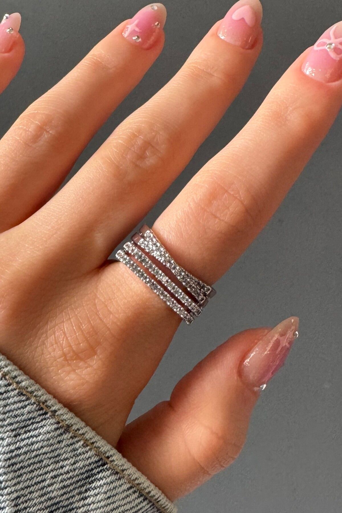 H&E DESIGN Kadın Gold Zirkon Taşlı Aurora Üç Sıra Premium Ayarlanabilir Yüzük
