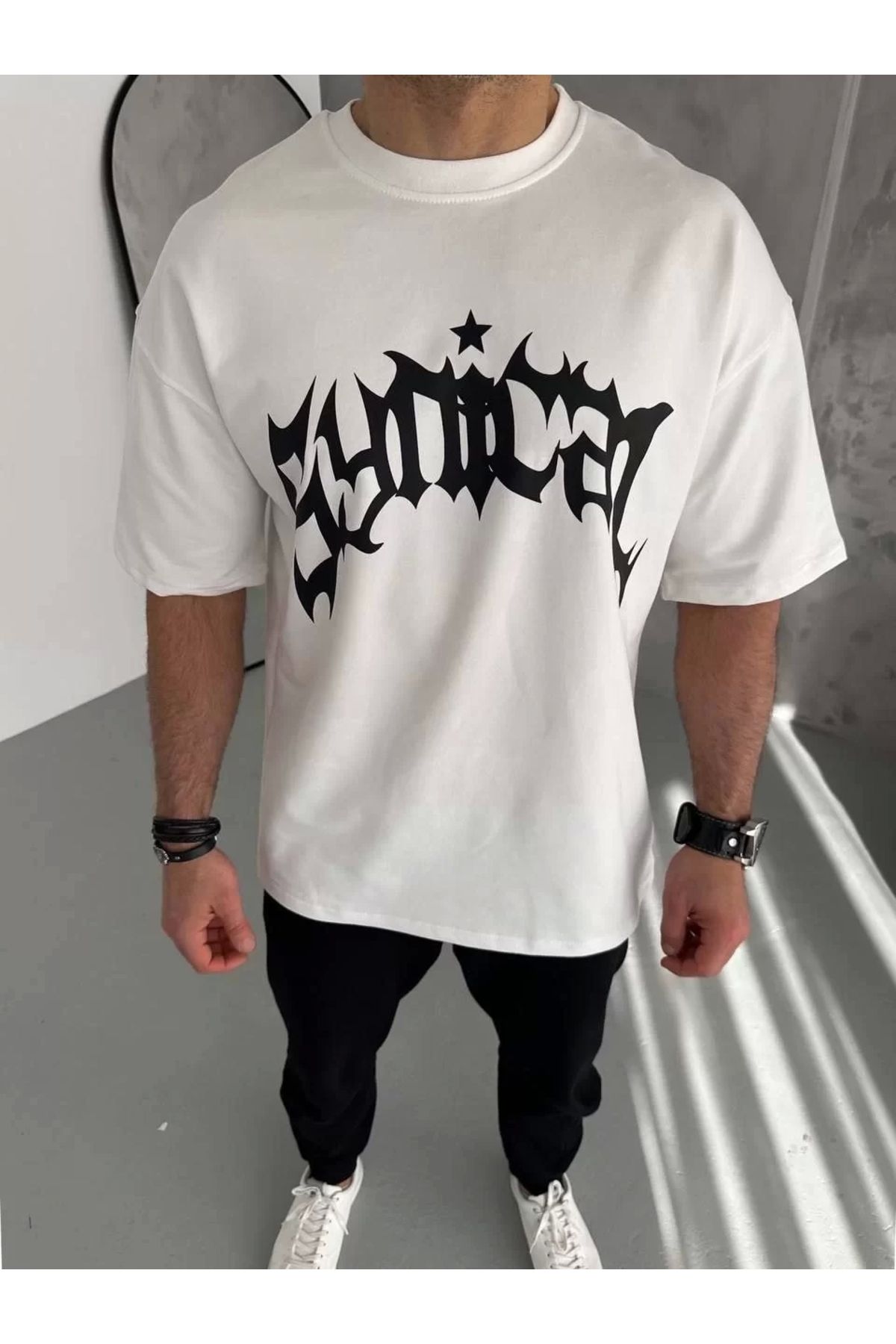 Robahood Unisex Bisiklet Yaka Baskılı Oversize T-Shirt - Beyaz