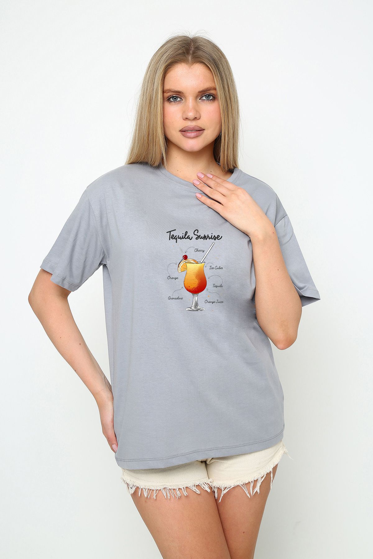 vikitekno oversize tequila sunrise baskılı kadın t-shirt