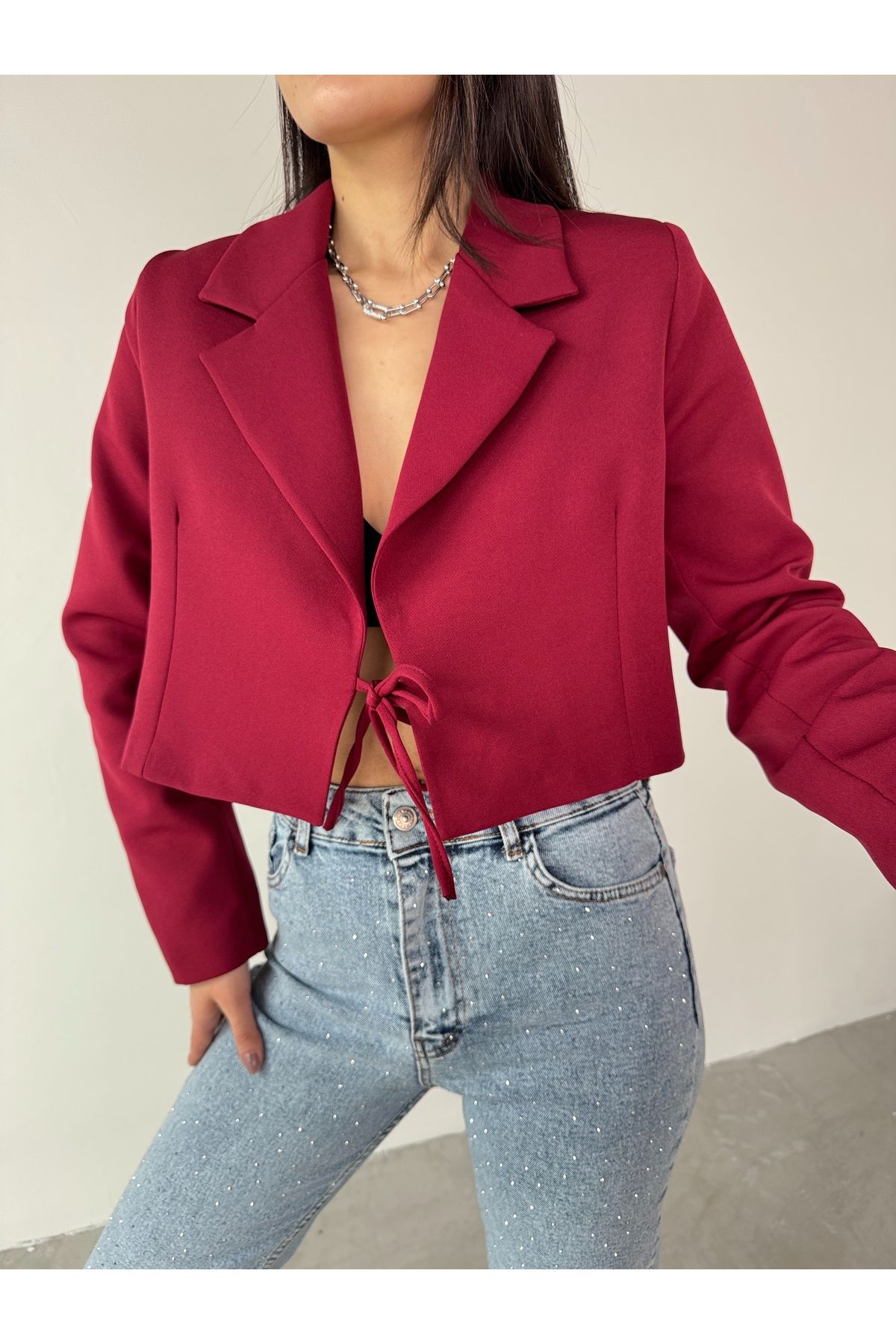 Cappmoda CKT-12441 Bordo Vatkalı Ön Bağlamalı Crop Ceket