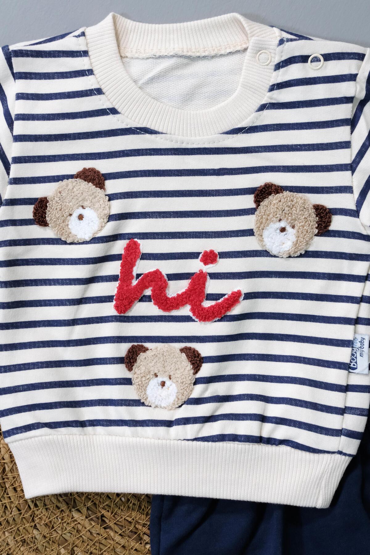 agugu Sevimli Ayıcık ve Hi Desenli Çizgili Sweatshirt ve Mavi Alt Eşofman Takımı Lacivert fotoğrafı 3 (önizleme)