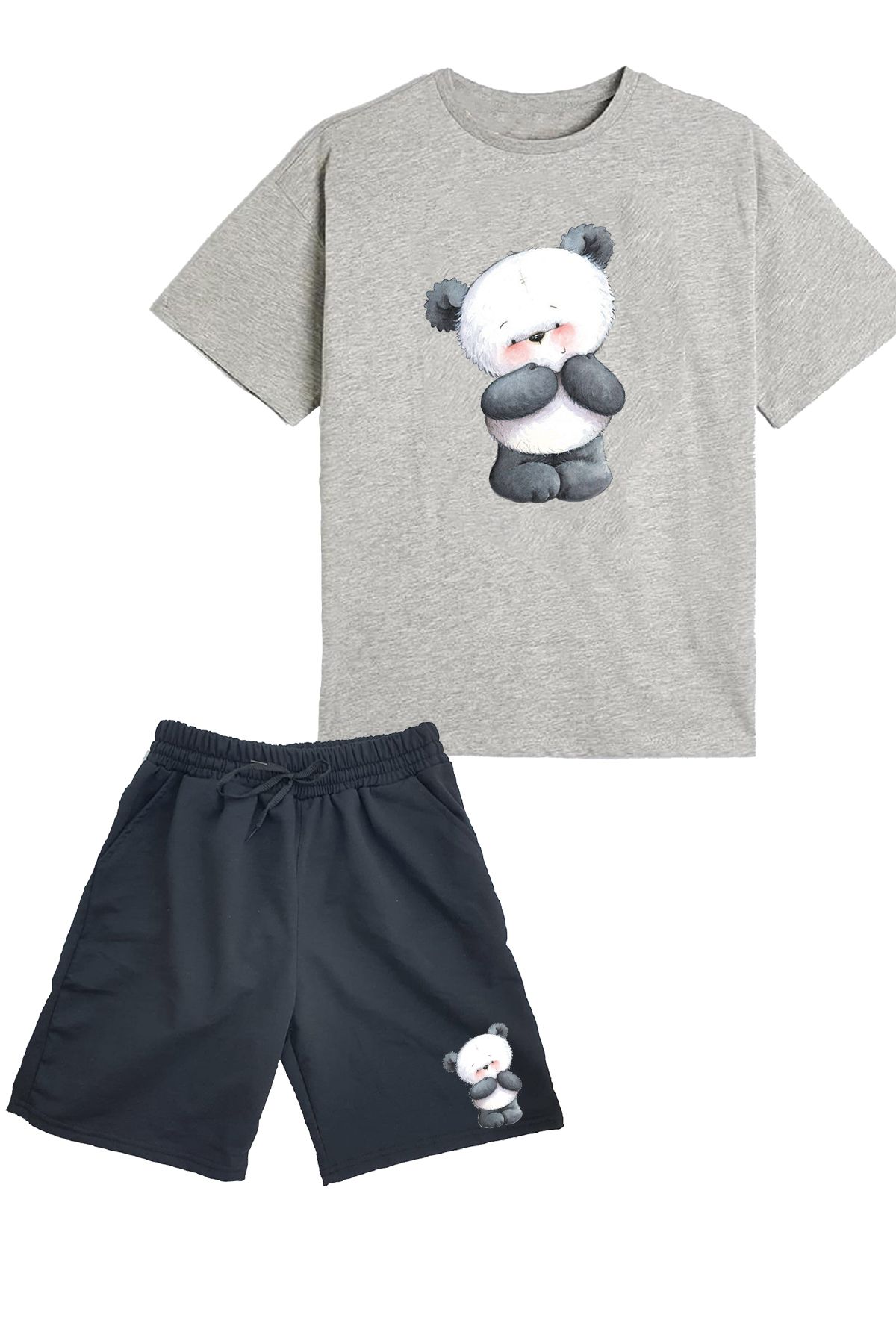 makiteks 2'li Set Baskılı Kız Çocuk Pamuk Şort Tshirt Takım Panda 5 6 7 8 9 10 11 12 13 14 yaş Tişört