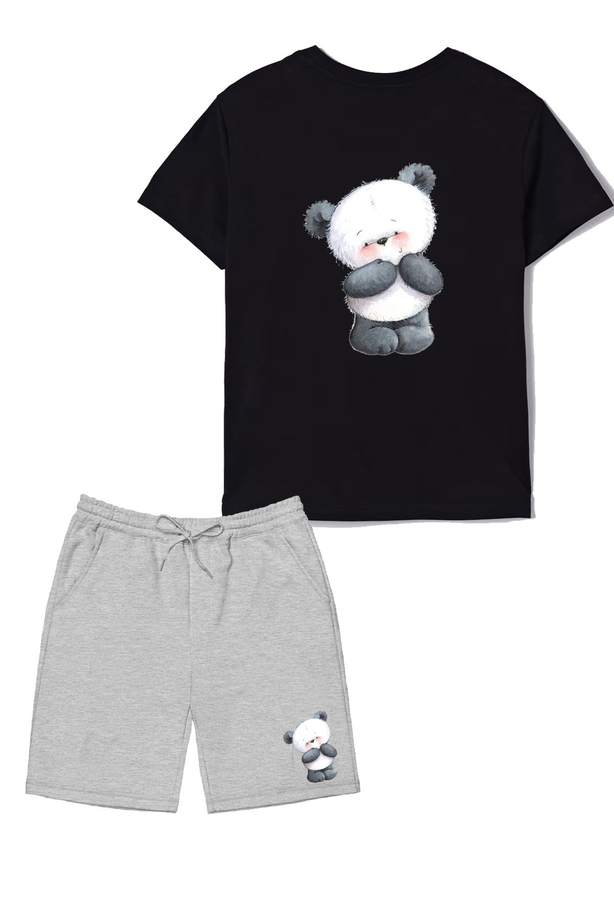 makiteks 2'li Set Baskılı Kız Çocuk Pamuk Şort Tshirt Takım Panda 5 6 7 8 9 10 11 12 13 14 yaş Tişört
