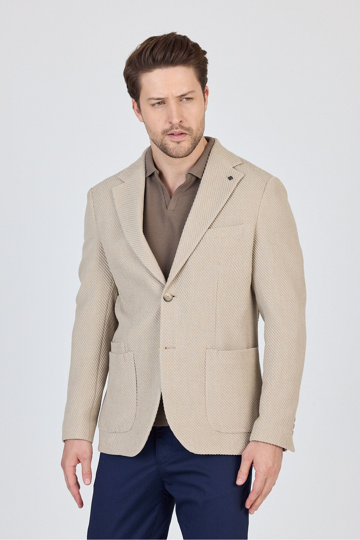 Frappoli Sandeo Erkek Bej Astarsız Soft Diagonel Desenli Esneyen Kumaş Likralı Spor Blazer Ceket