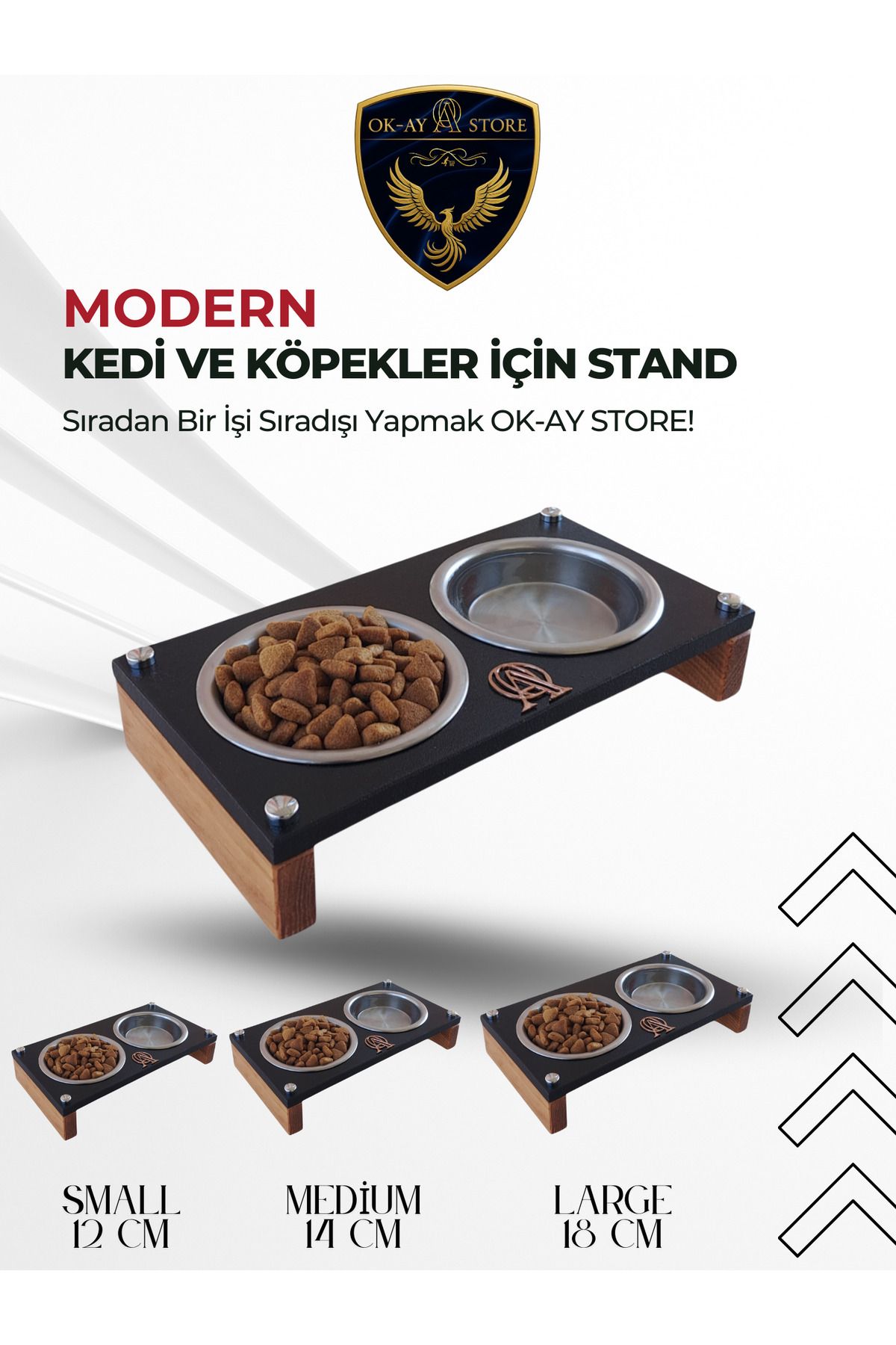 Okay Kedi Köpek Mama ve Su Kabı Standı – Ahşap Gövde, Paslanmaz Çelik Kaseli, Kaymaz Tabanlı