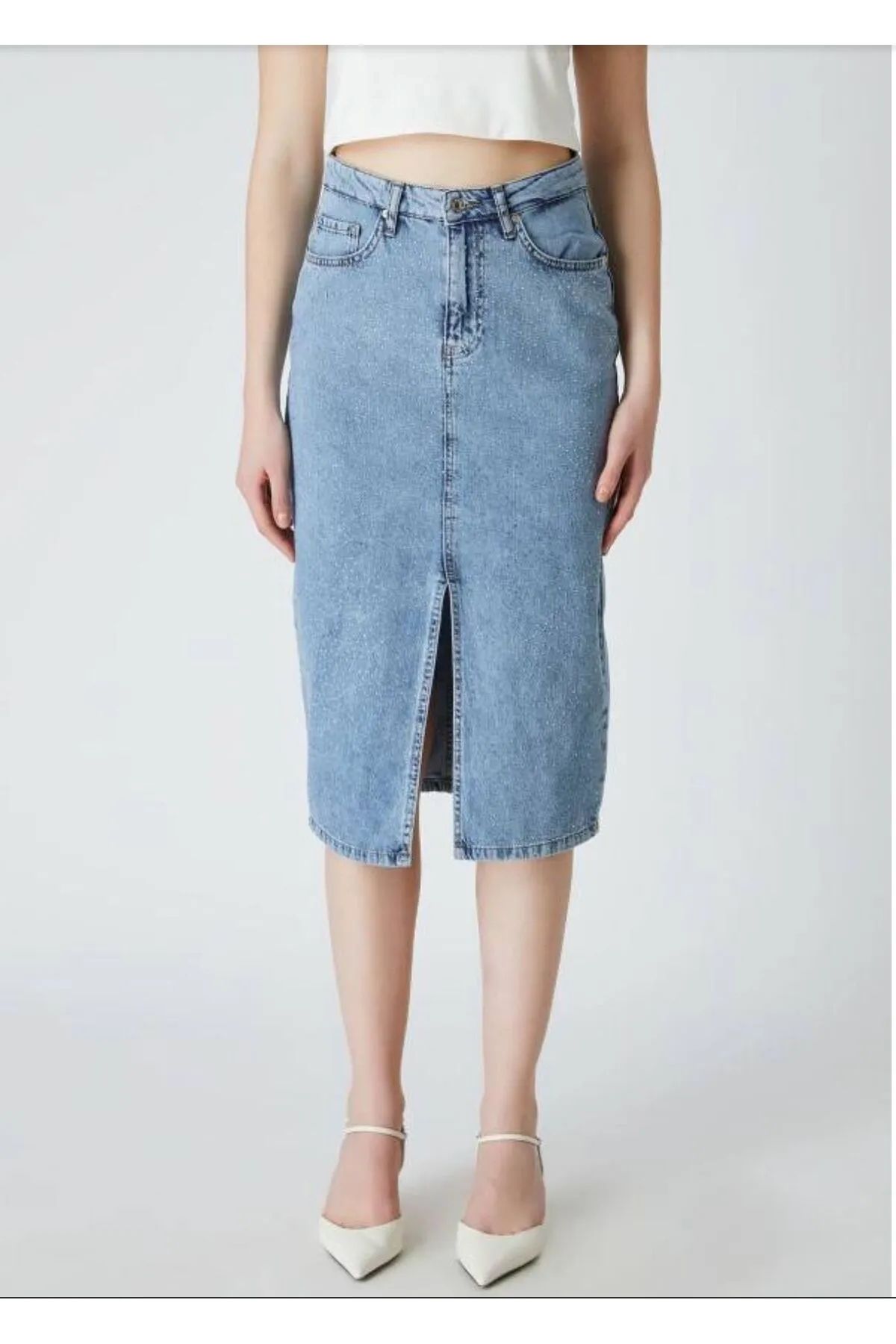 BİRDALİFE WEAR Midi Kot Etek Yırtmaçlı Karyıkama Koyu