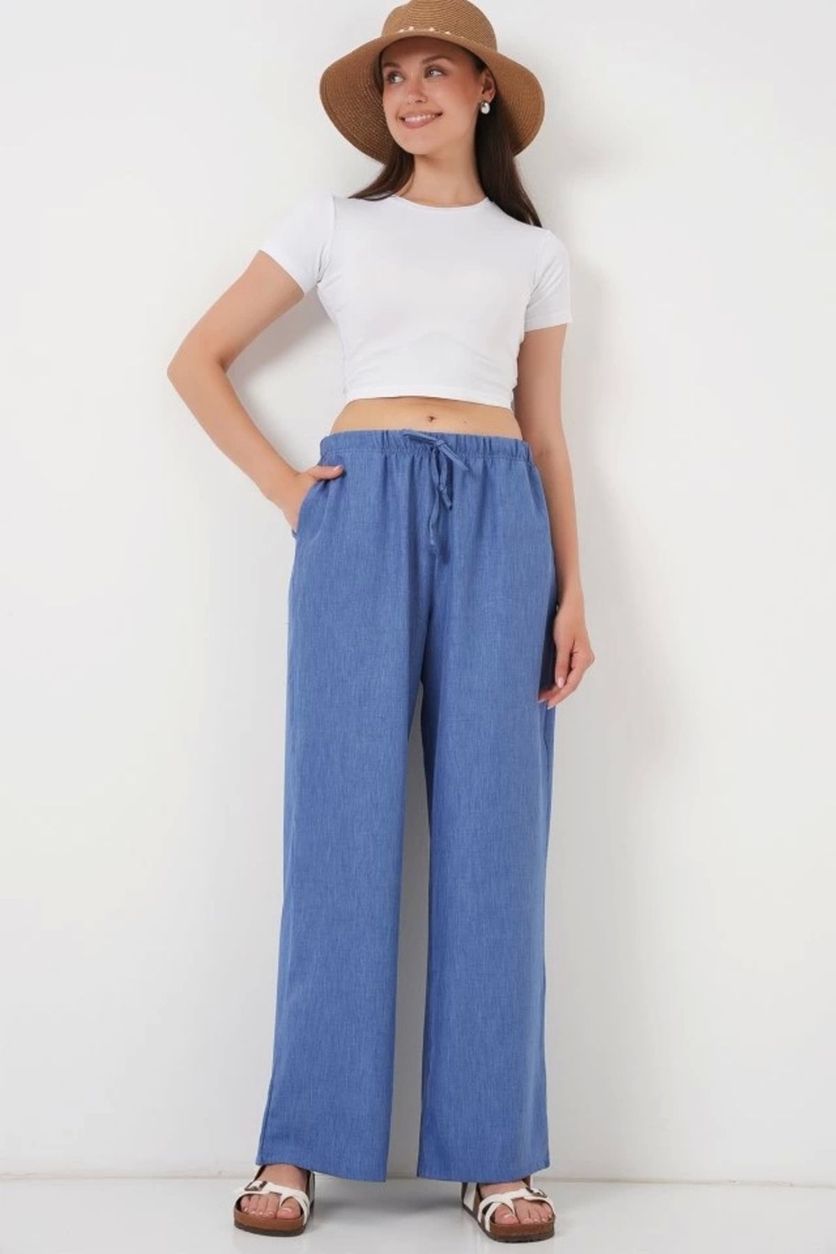 Butik Geniş Paça Keten Pantolon 6735 - İndigo