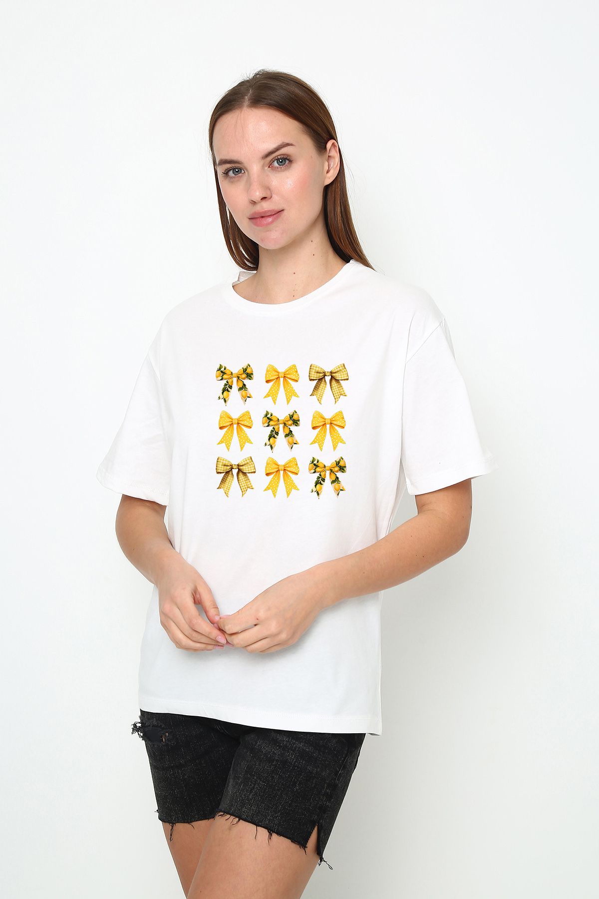 vikitekno oversize limonlu fiyonk baskılı kadın t-shirt