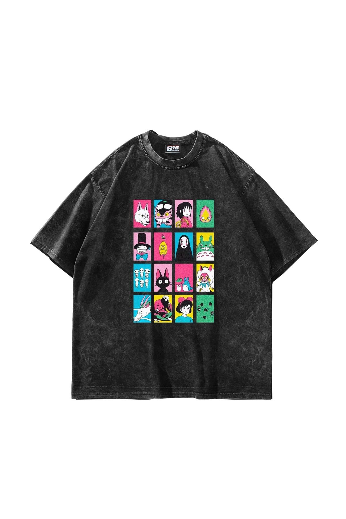 Bak Moda Ghibli Baskılı Oversize Unisex Yıkamalı Siyah Tshirt