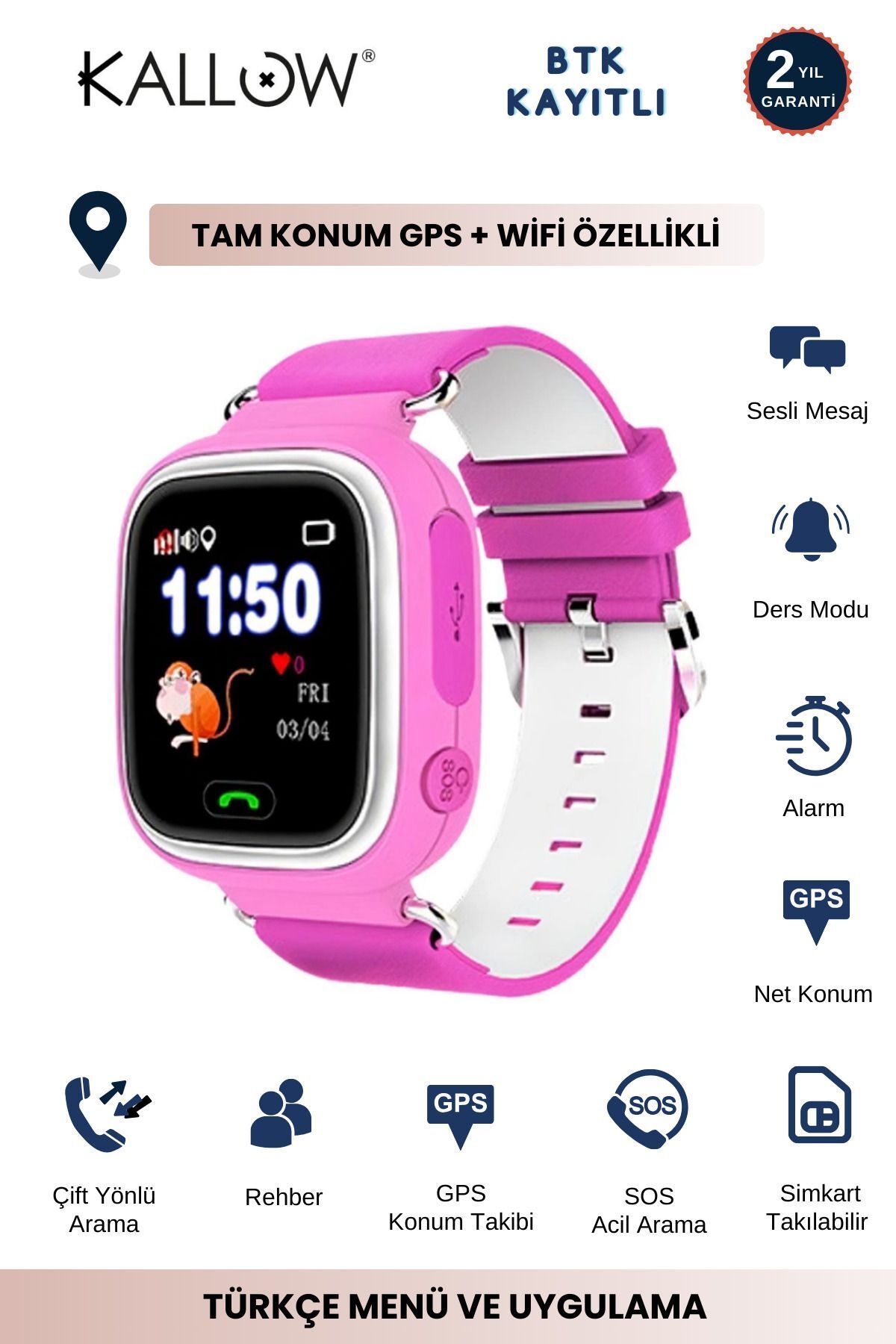 Z15p Sim Kart Girişli Akıllı Çocuk Takip Saati Uzaktan Dinlemeli Türkçe Menü - Pembe Renk